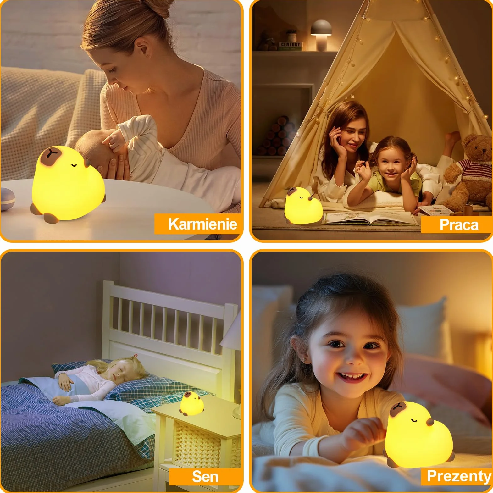 Lampka Nocna Capybara Silikonowa, Ładowana USB, 3 Poziomy Jasności, z Timerem i Sterowaniem Dotykowym, Idealna do Pokoju, Karmienia i Kempingu, Prezent dla Dzieci