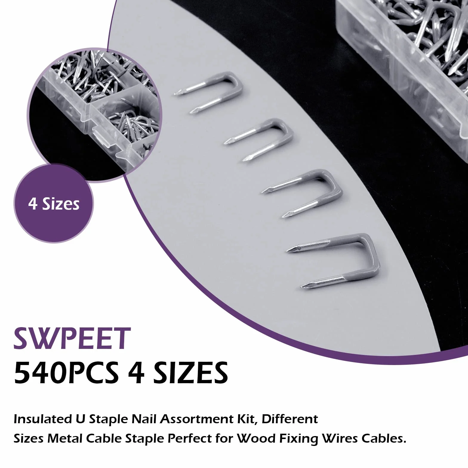 Swpeet 540 szt. 5 rozmiarów 0,9 cm 1,1 cm 1,4 cm izolowany zestaw do zszywek w kształcie litery U, różne rozmiary metalowe zszywki kablowe idealne do mocowania drewna, kabli