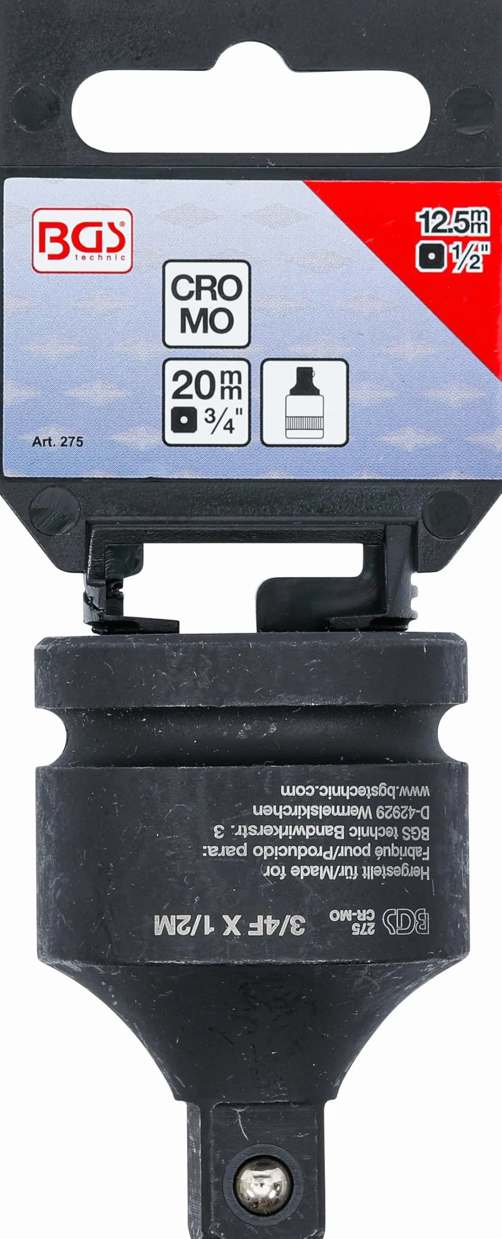BGS 275 Adapter udarowego klucza nasadowego gniazdo czworokątne 20 mm (3/4") trzpień czworokątny 12,5 mm (1/2")