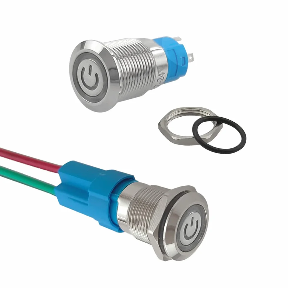 2 sztuki 12 mm automatyczny przełącznik przyciskowy, 12 V / 24 V 3A wodoodporny przełącznik przyciskowy ze stali nierdzewnej IP66, z gniazdem przewodowym (biała dioda LED)