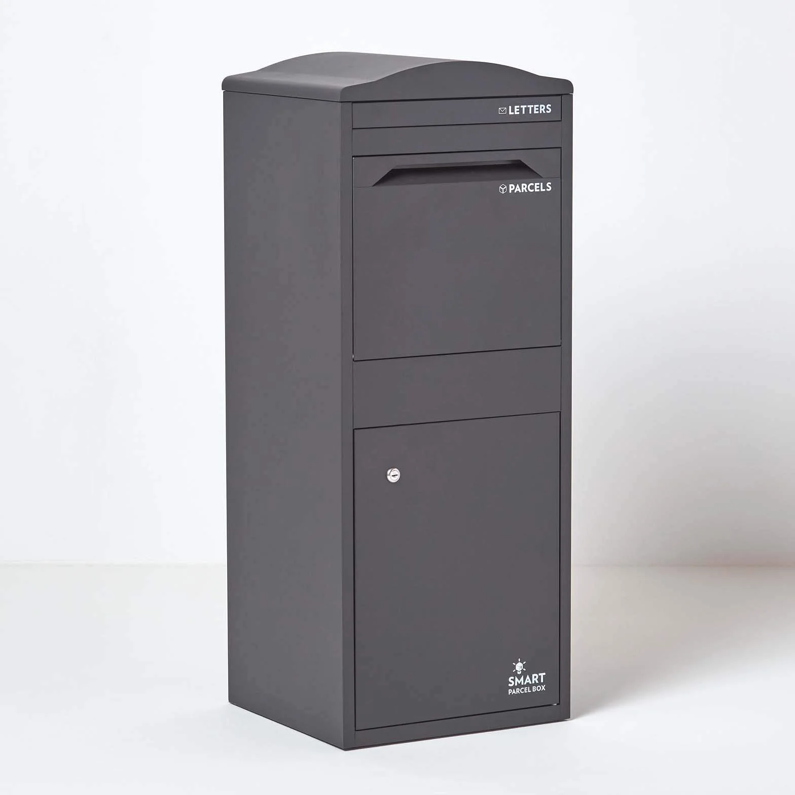 SMART PARCEL BOX Duża skrzynka na paczki na zewnątrz, odporna na warunki atmosferyczne, szara skrzynka dostawcza, zakrzywiona góra, bezpieczny dostęp z przodu, trwała stal ocynkowana, zamykana na