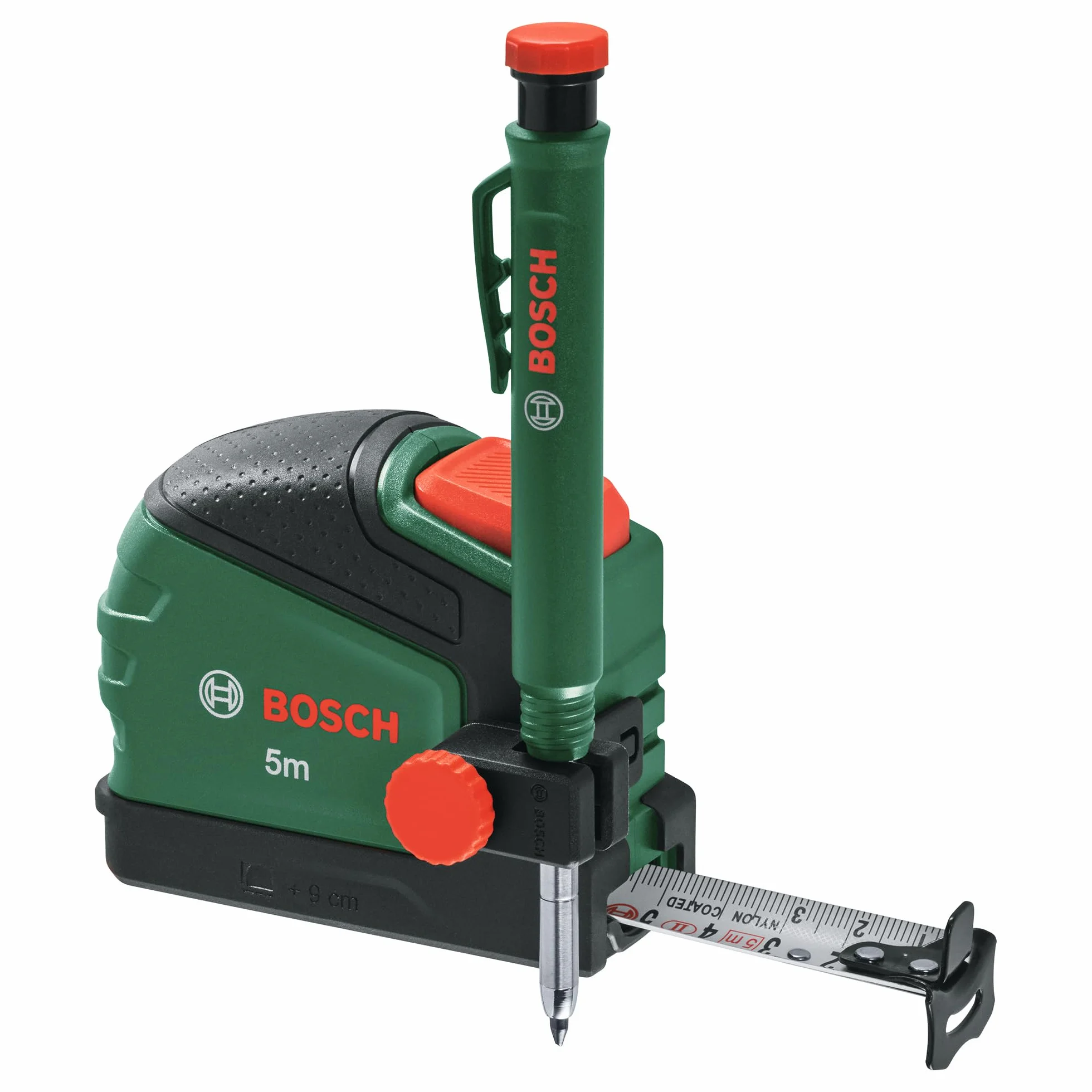 Bosch taśma miernicza 5 m + znacznik do głęb. otworów (uchwyt do ołówka, autom. blokada, taśma z powł. nylon., wysuw 2 m, skala metr., zaczep do paska, miękka okładzina Softgrip) – Amazon Edition