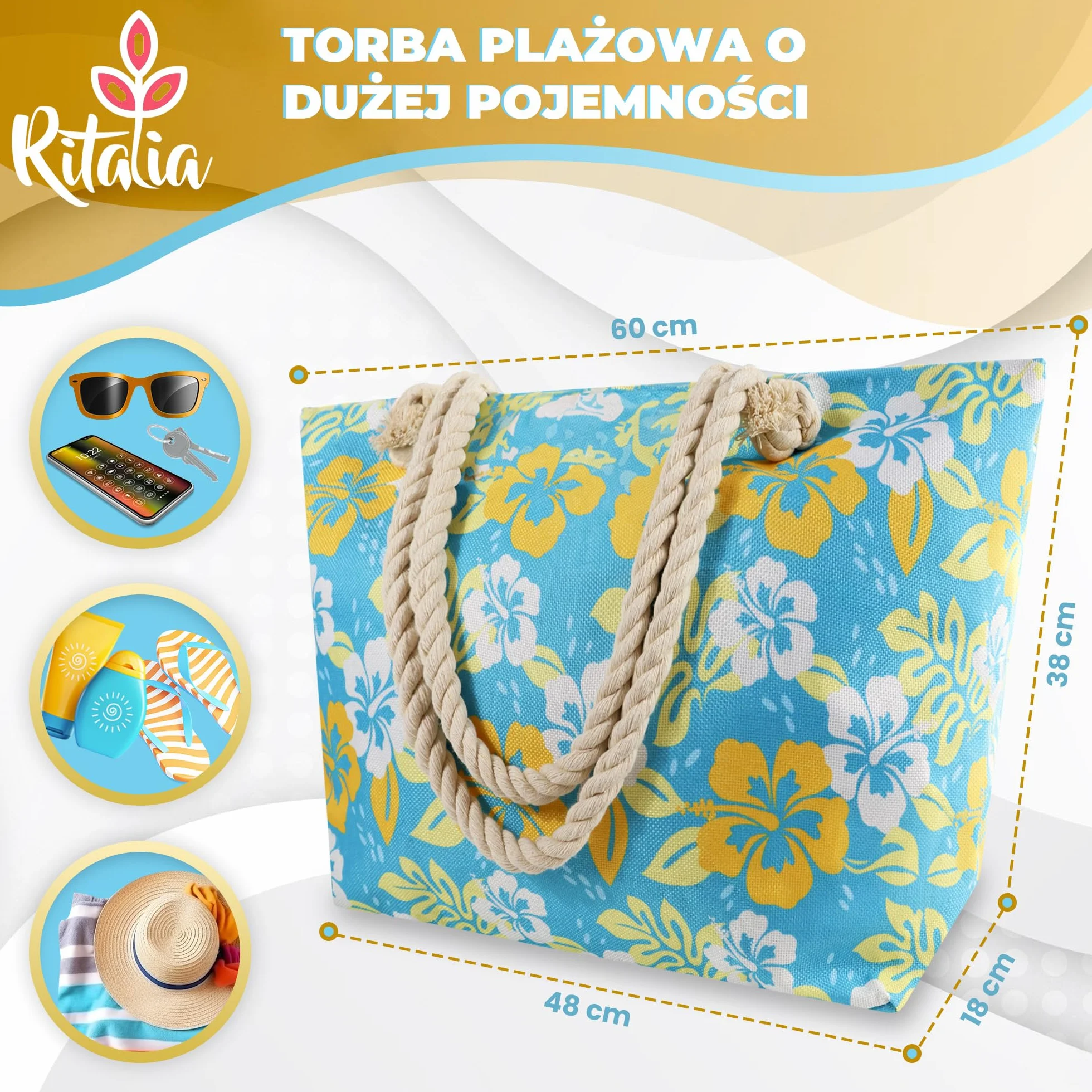 Ritalia® Duża torba plażowa XXL dla rodzin | Damskie torby plażowe i torba na basen | Wodoodporna torba plażowa z zamkiem błyskawicznym | Damski kosz plażowy | Rodzinny worek plażowy