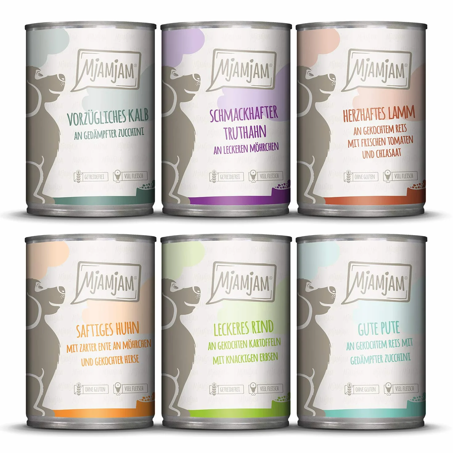 MjAMjAM - Wysokiej jakości mokra karma dla psów – zestaw mieszany II – z kurczakiem i kaczką, wołowiną, indykiem, jagnięciną, 6 sztuk (6 x 400 g), bez zbóż, z bardzo dużą ilością mięsa