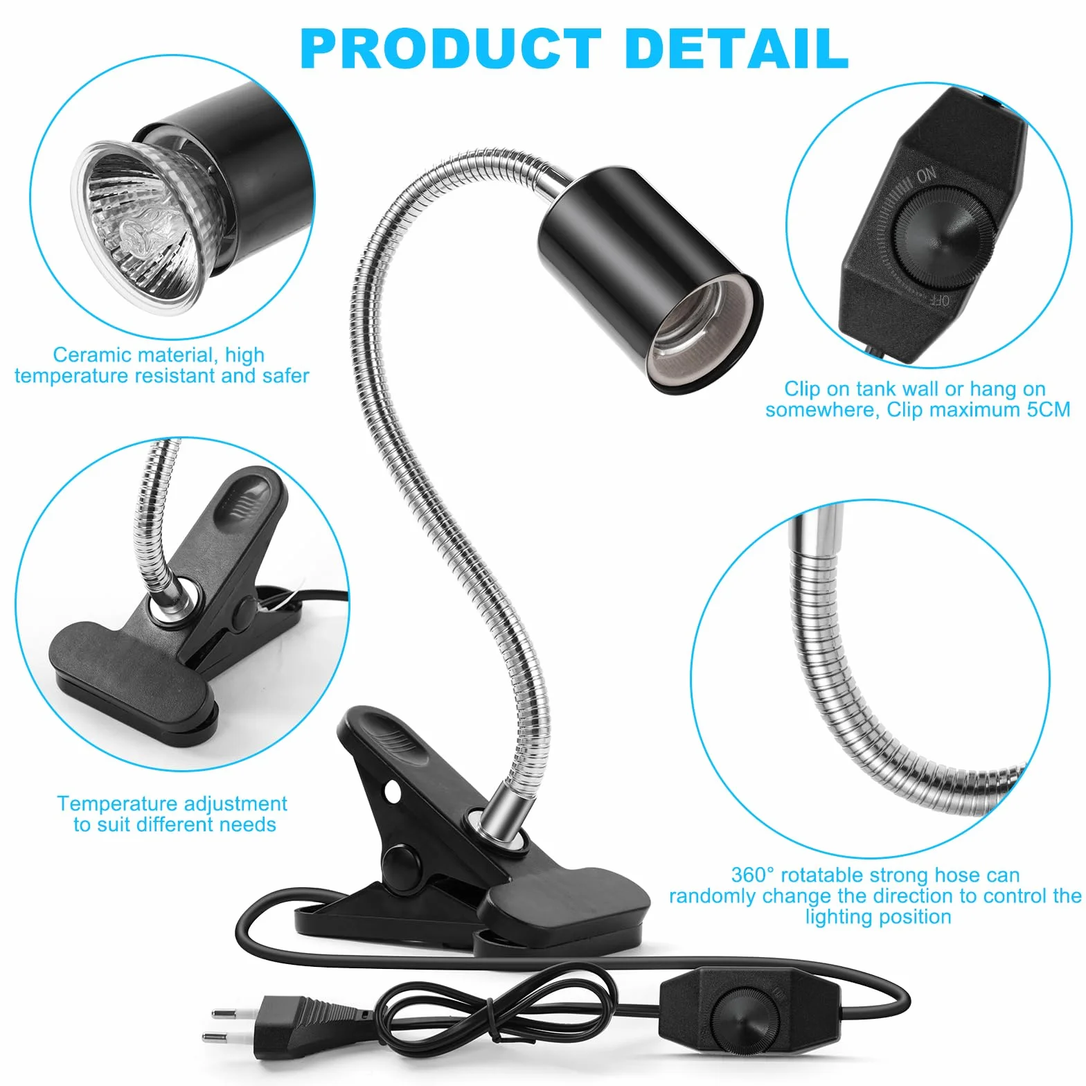 Lampa żółwia, lampa dla gadów z 1 oprawką E27 i 2 żarówkami UVA UVB o mocy 50 W i obrotowym zaciskiem 360 °, lampa dla gadów dla żółwia, węża, jaszczurki, kameleona