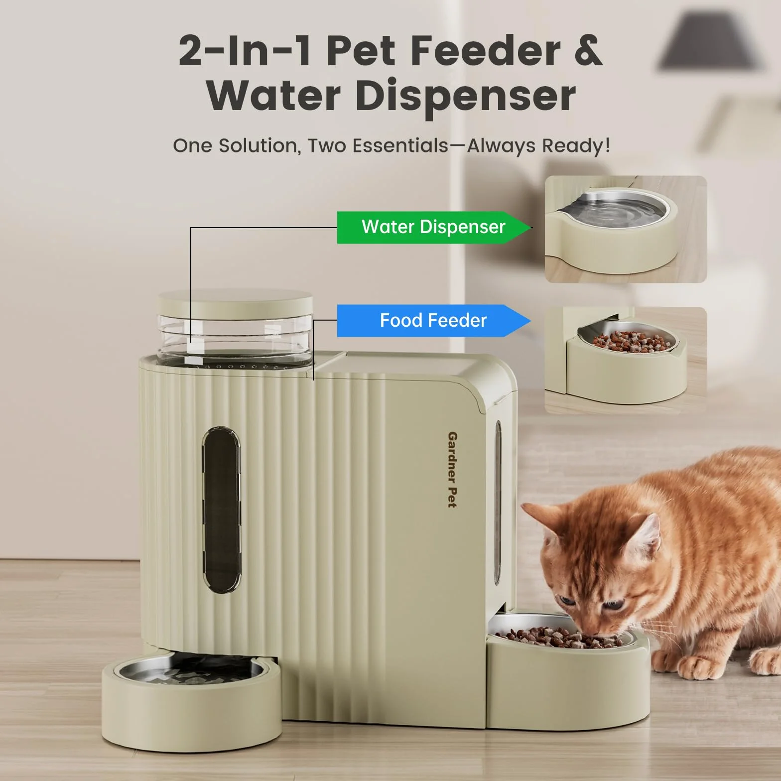Gardner Pet Automatyczny karmnik dla kota i dozownik wody 2 w 1, 3 l x 2, miski dla kotów z miską ze stali nierdzewnej, dozownik wody grawitacyjnej, w 100% wolny od BPA, nie wymaga prądu, beżowy