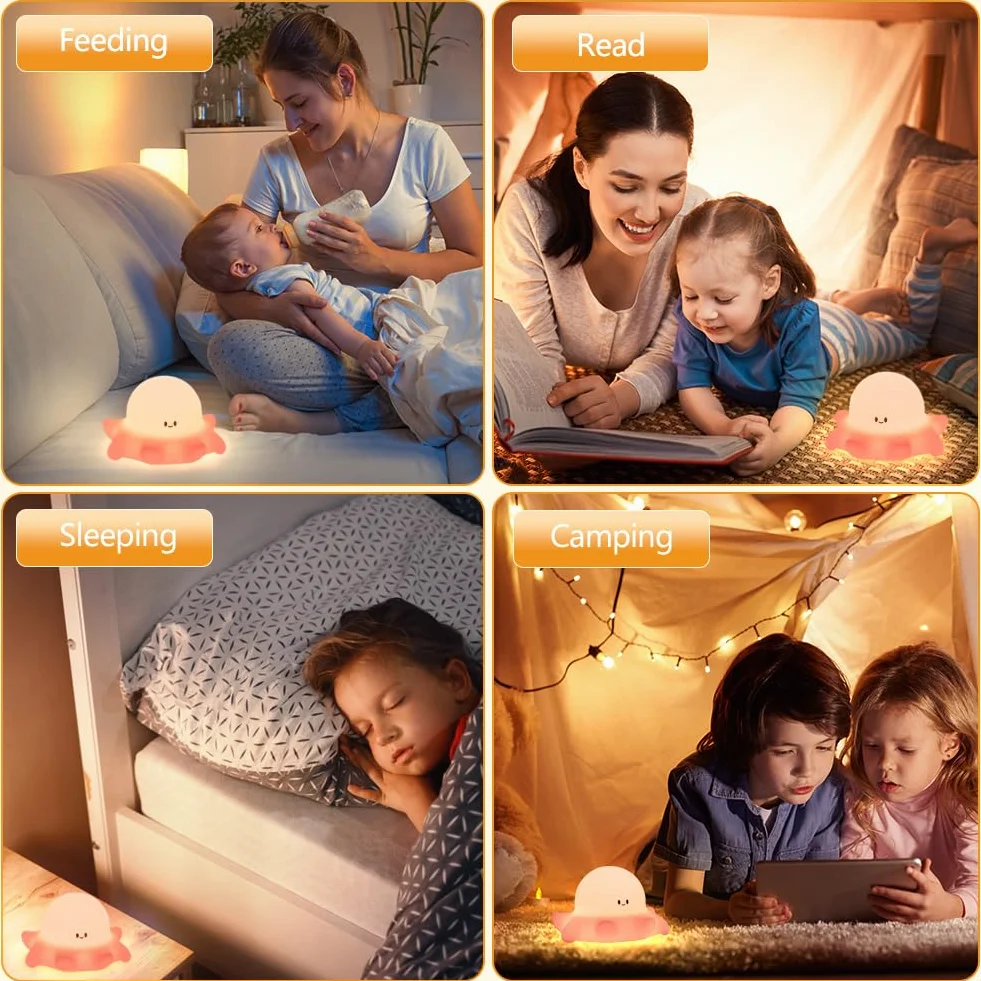 Ainiv Lampka nocna z ośmiornicą, urocza silikonowa ośmiornica dla dzieci, lampka nocna ładowana przez USB, 3 poziomy jasności, timer 30 minut, przenośna lampka nocna do pokoju dziecięcego, sypialni