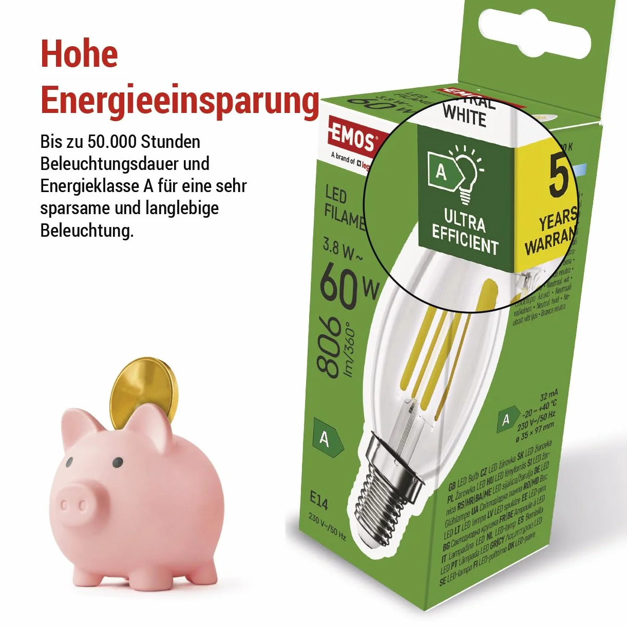EMOS Żarówka LED Edison Candle E14 3,8W 60W 806lm 4000K CRI80 360°