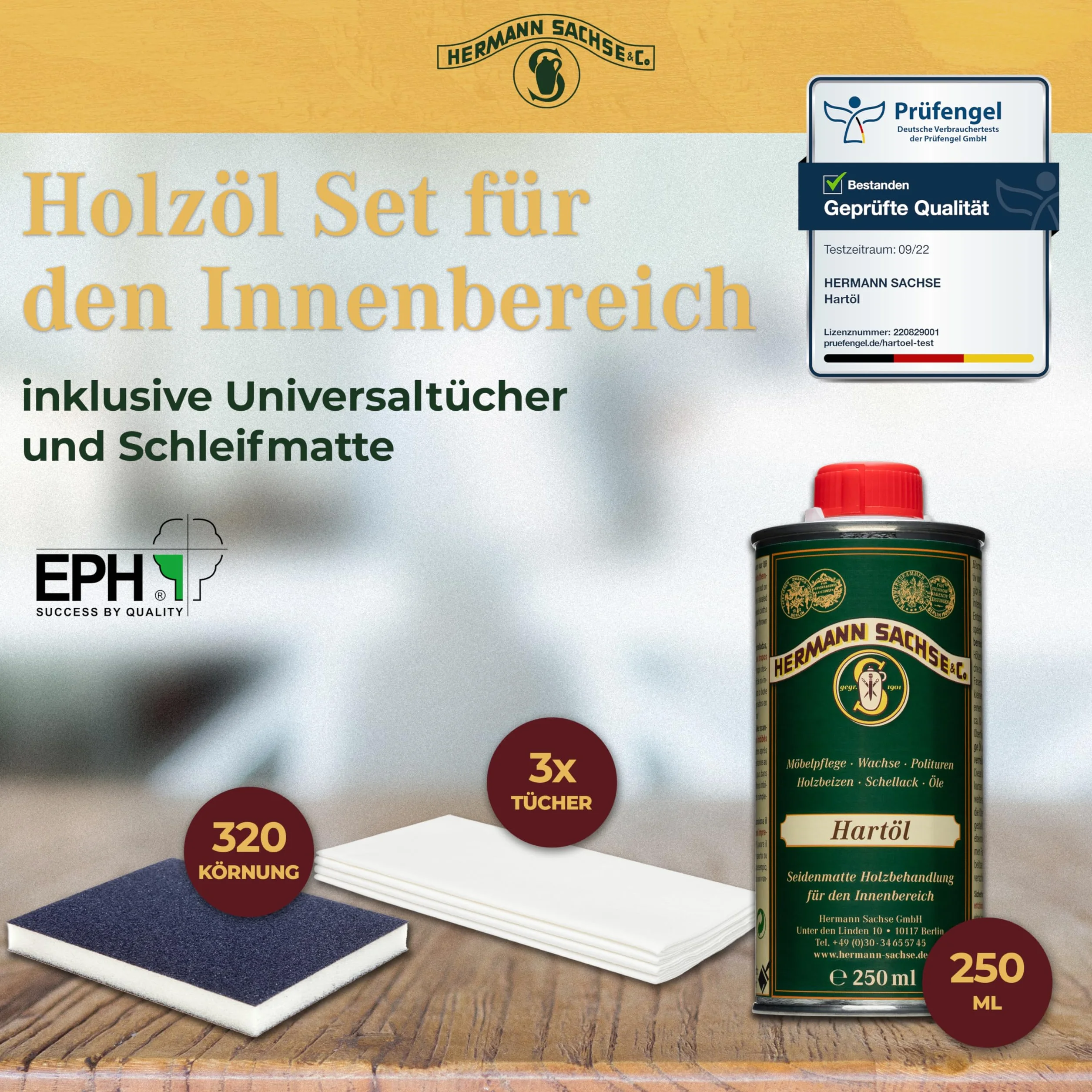 Olej twardy bezbarwny 250 ml – do drewna i mebli – ochrona we wnętrzach – z ściereczką i matą ścierną