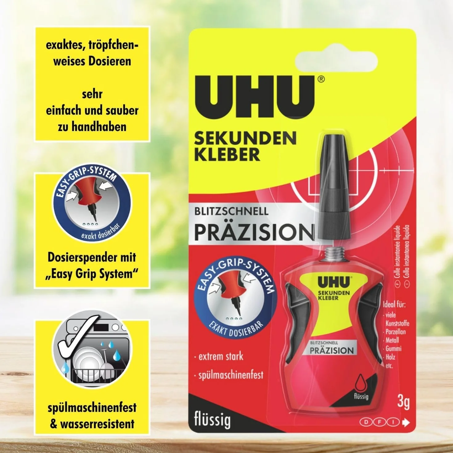 UHU Klej błyskawiczny błyskawicznie precyzyjny, klej błyskawiczny w dozowniku z "Easy Grip System" do wyjątkowo precyzyjnych aplikacji, 3 g