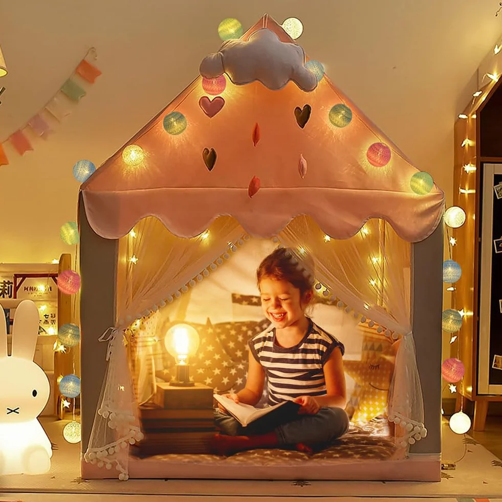 HOTUT Łańcuch świetlny z kulek bawełnianych, 3,3 m USB String Lights w kształcie kulek, łańcuch świetlny 20 LED z bawełnianymi kulkami do pokoju dziecięcego, wesele, imprezę, wystrój