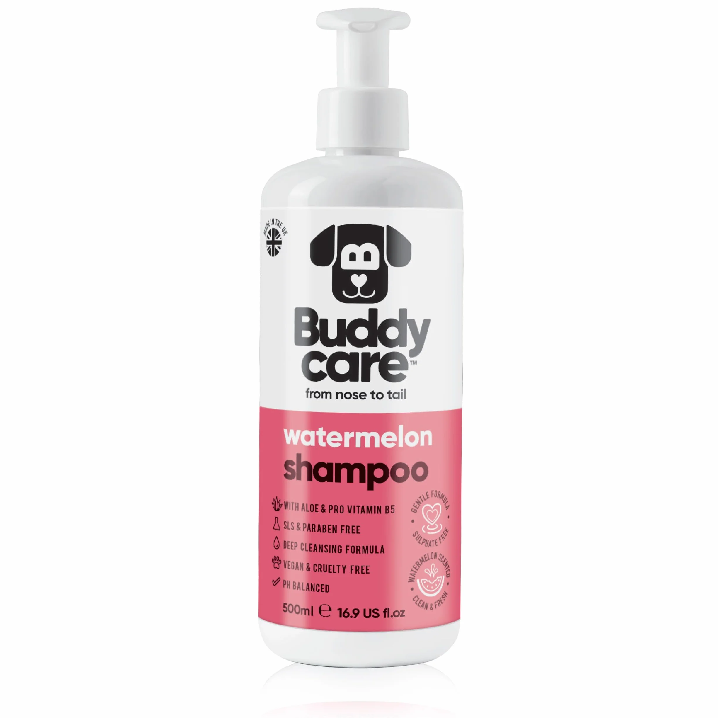 Buddycare szampon dla psów z arbuzem, głęboko oczyszczający szampon dla psów, owocowy zapach, z aloesem i pro-witaminą B5 (500 ml)