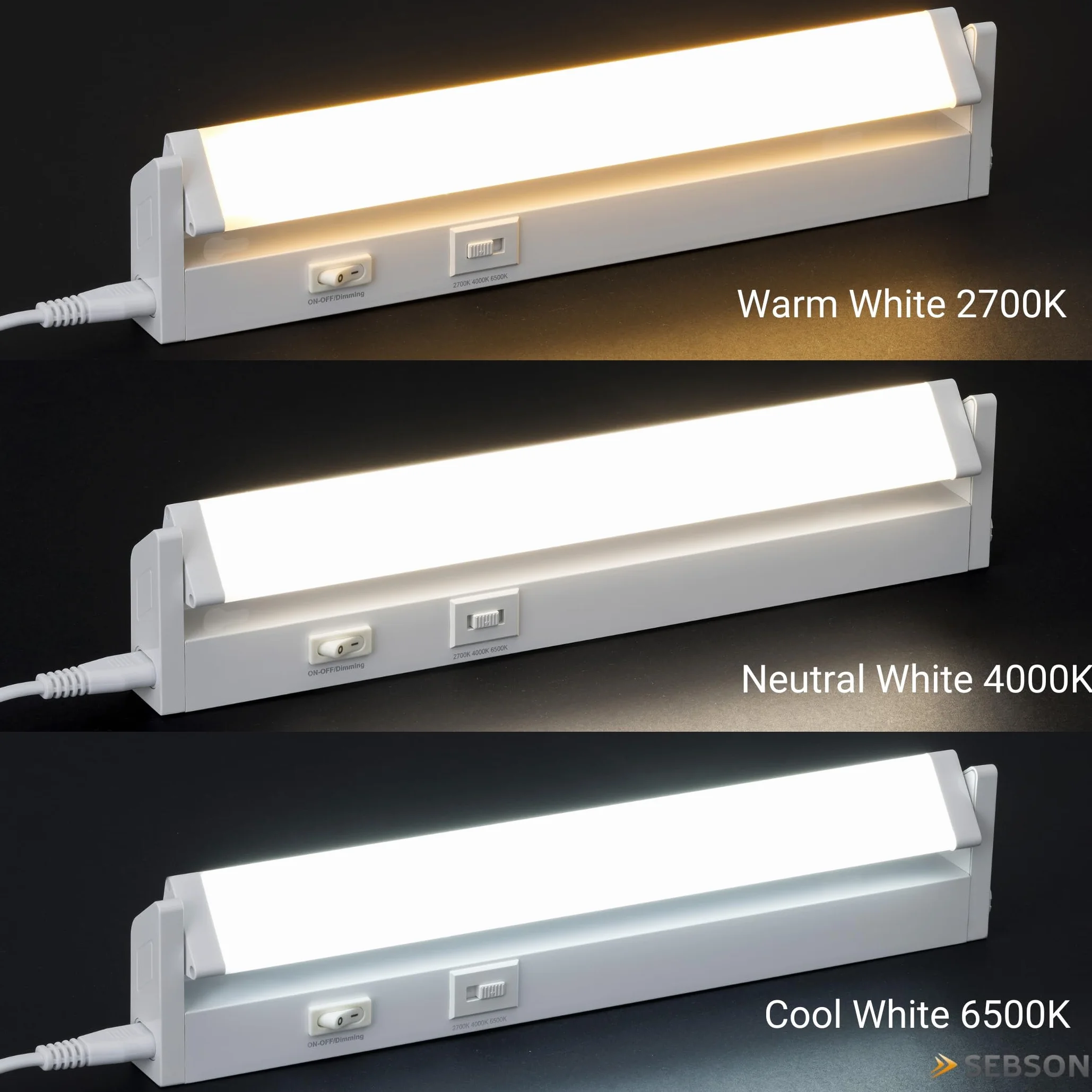 SEBSON Lampa podszafkowa LED do kuchni, 30 cm, możliwość ściemniania, 3 kolory światła 2700 K/4000 K/6500 K, wychylna, przełącznik i wtyczka 230 V, listwa świetlna z możliwością przedłużenia