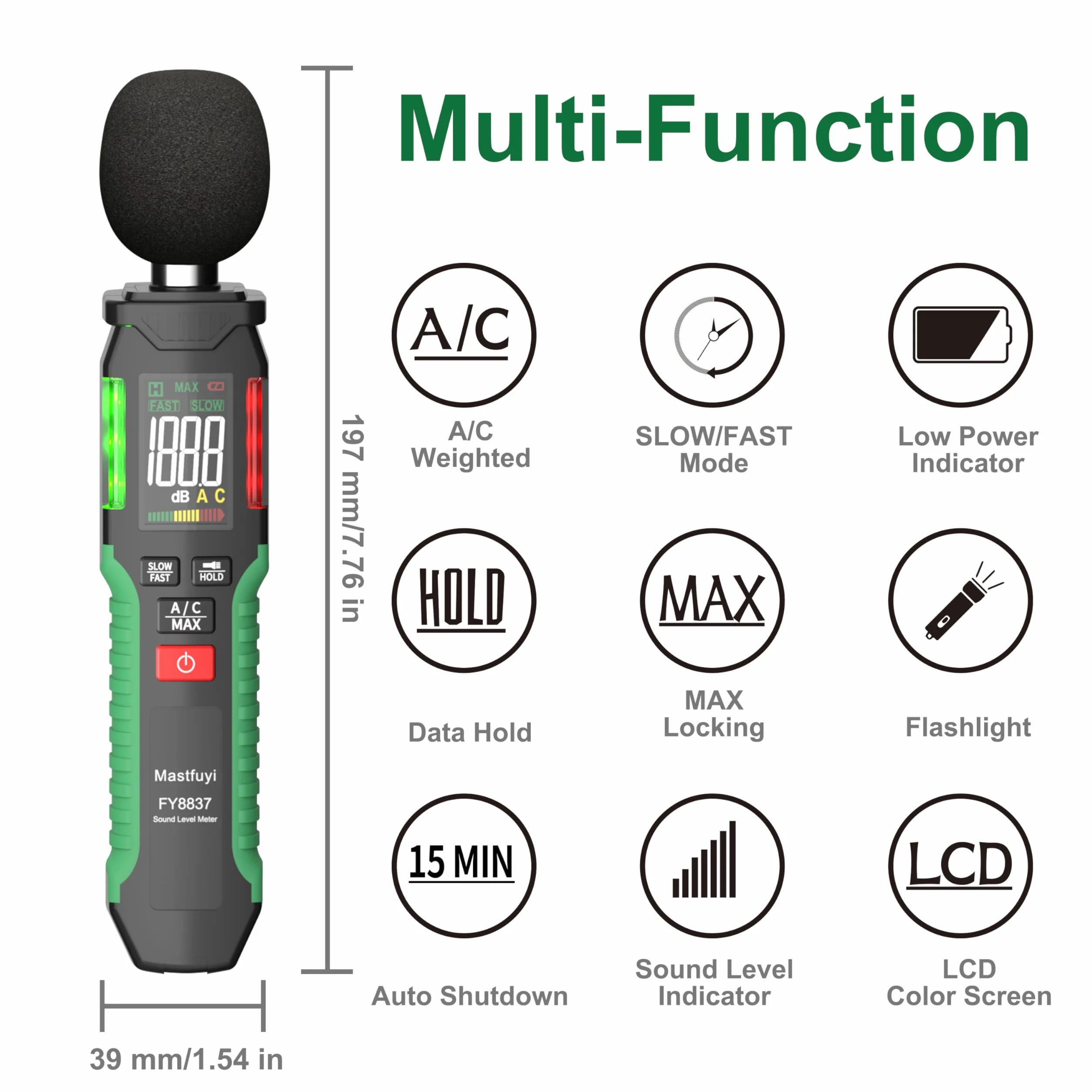 Cyfrowy miernik poziomu dźwięku, decybeli 30-130 dB z A/C, miernik hałasu audio, przenośny miernik SPL z kolorowym wyświetlaczem LCD, Data Hold, MAX Hold, latarka, Home Office Factory