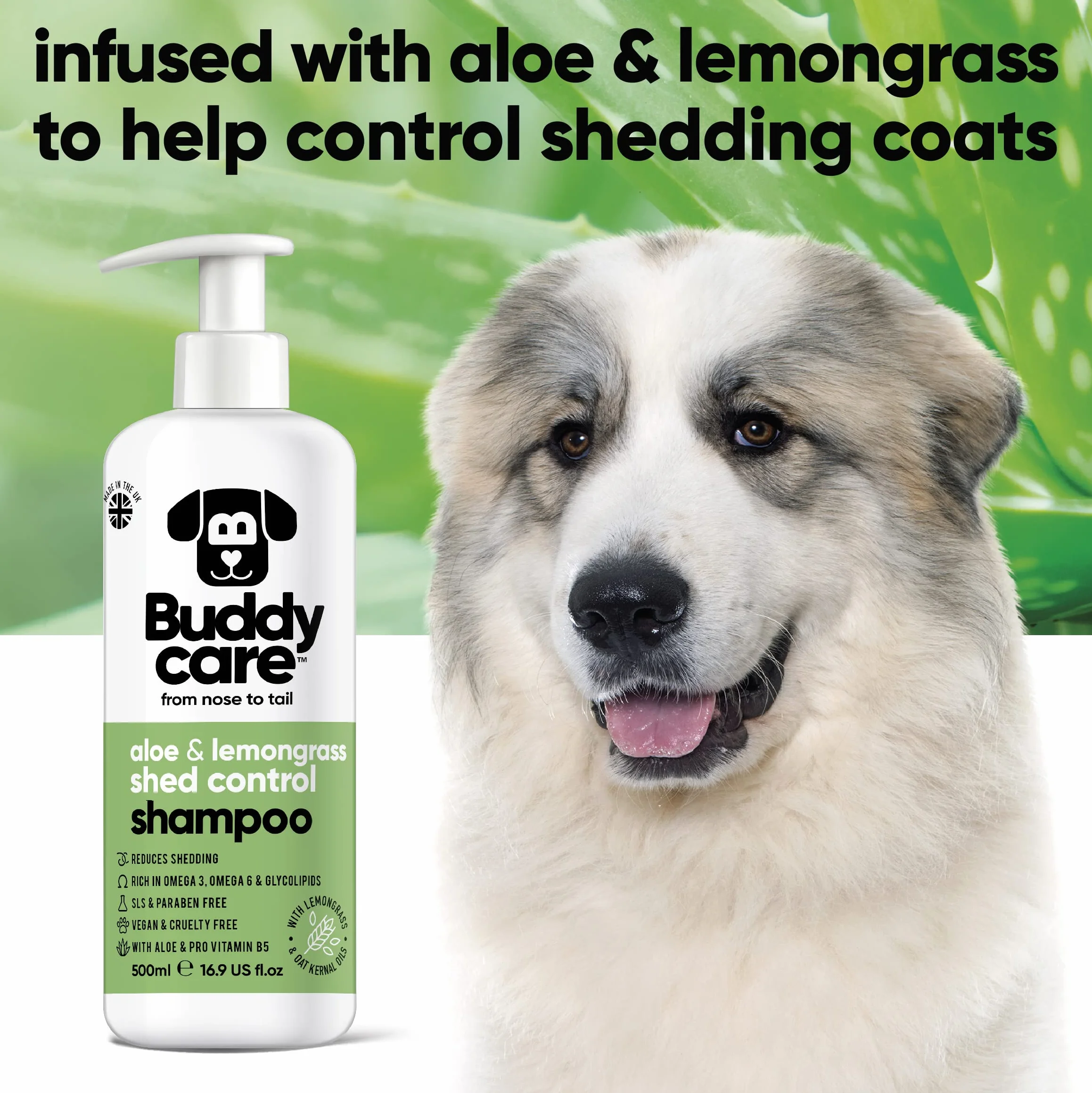 Buddycare Shed Control szampon dla psów, 500 ml, o zapachu aloesu i trawy cytrynowej, z aloesem i pro witaminą B5, szampon dla szczeniąt, delikatna formuła dla wszystkich ras, wegańska i wolna od
