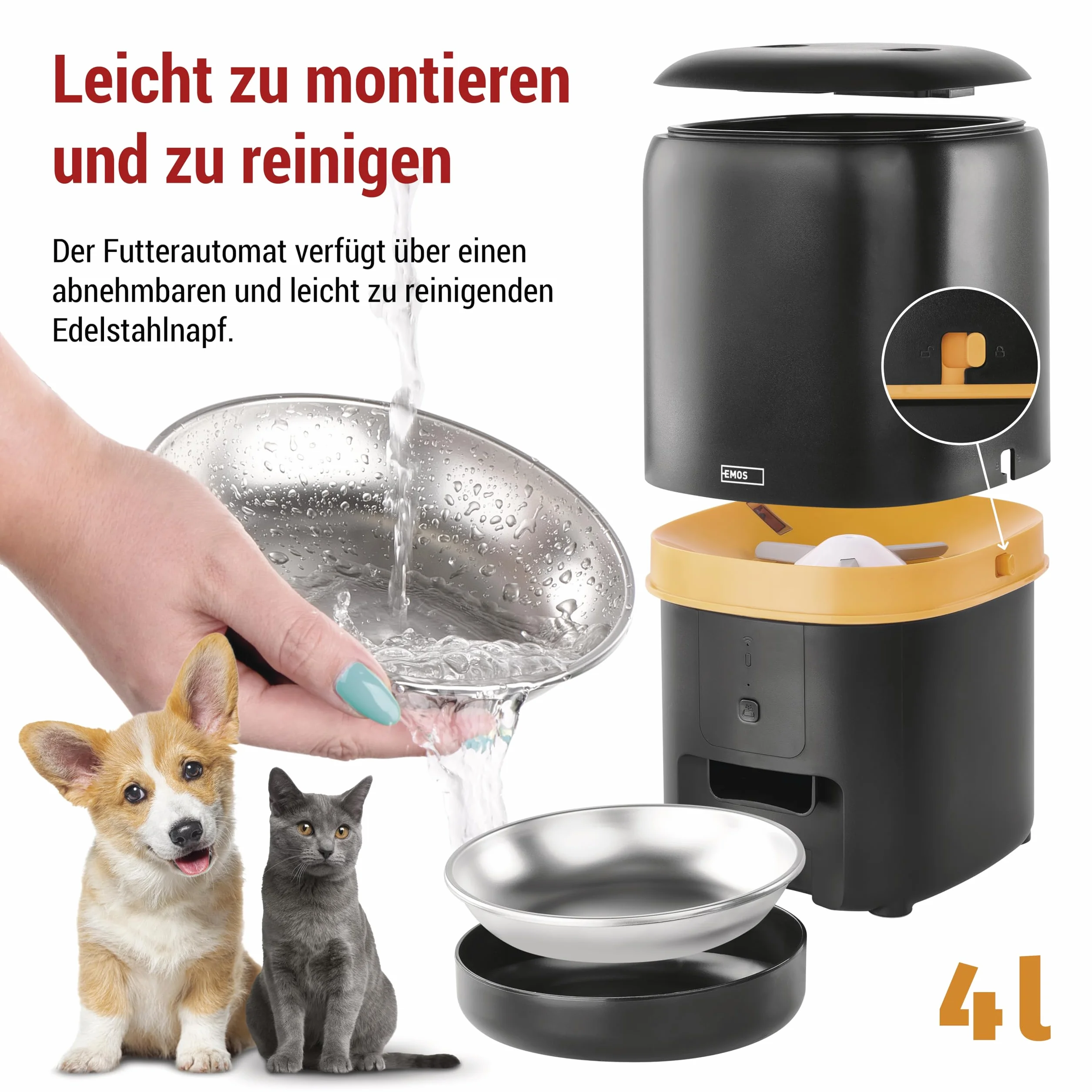 EMOS - GoSmart automat do karmy 4 l – WLAN Pet Care dozownik karmy z aplikacją – automat do suchej karmy dla kotów i psów z harmonogramem, nagrywanie głosu, dozowanie 1-10 posiłków dziennie - czarny