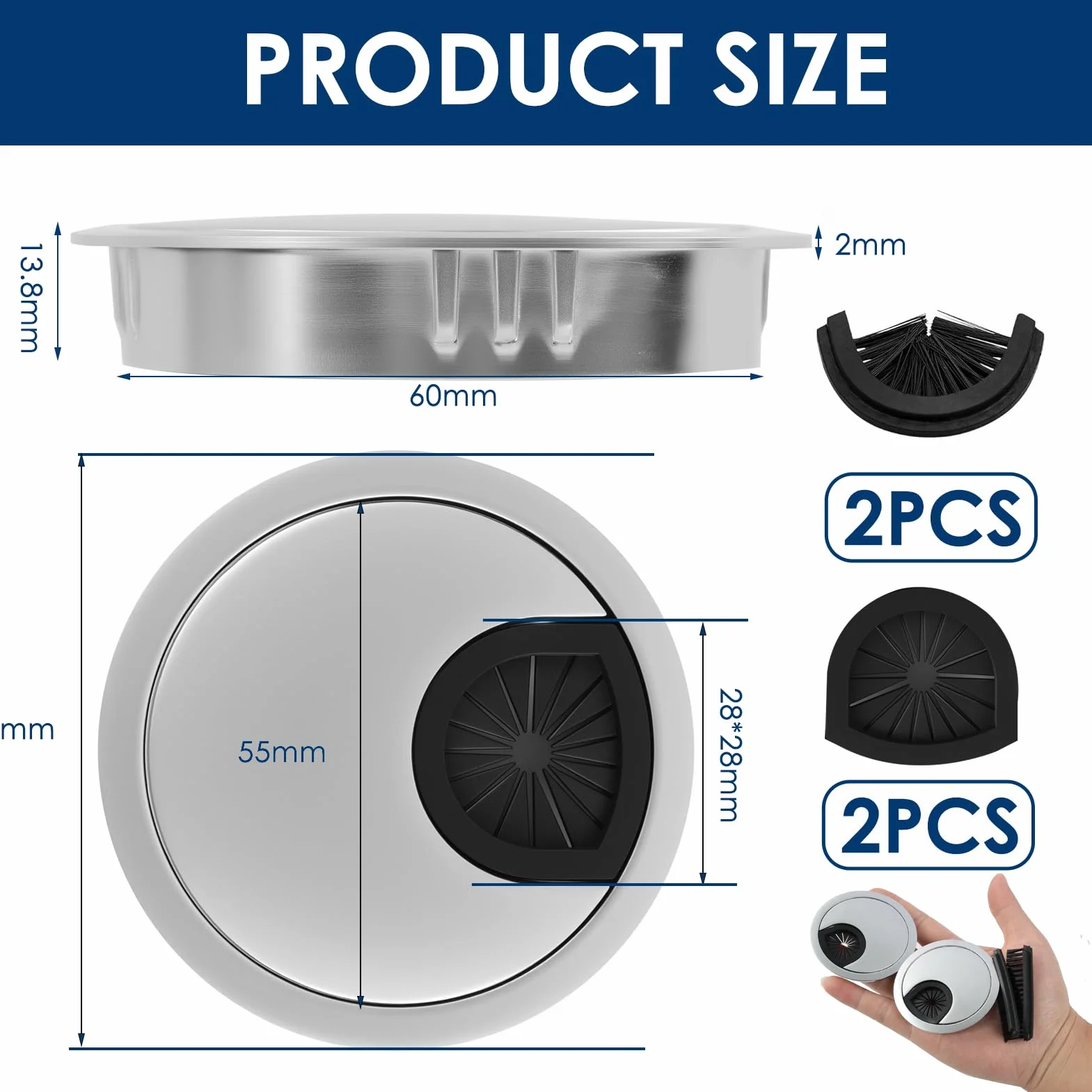 2 szt. Biurko Premium 60 mm przepust kablowy ze stopu cynku z odpornym na korozję platerowanym wykończeniem, metalowymi przelotkami kablowymi 60 mm, srebrny przepust kablowy, zaślepka na