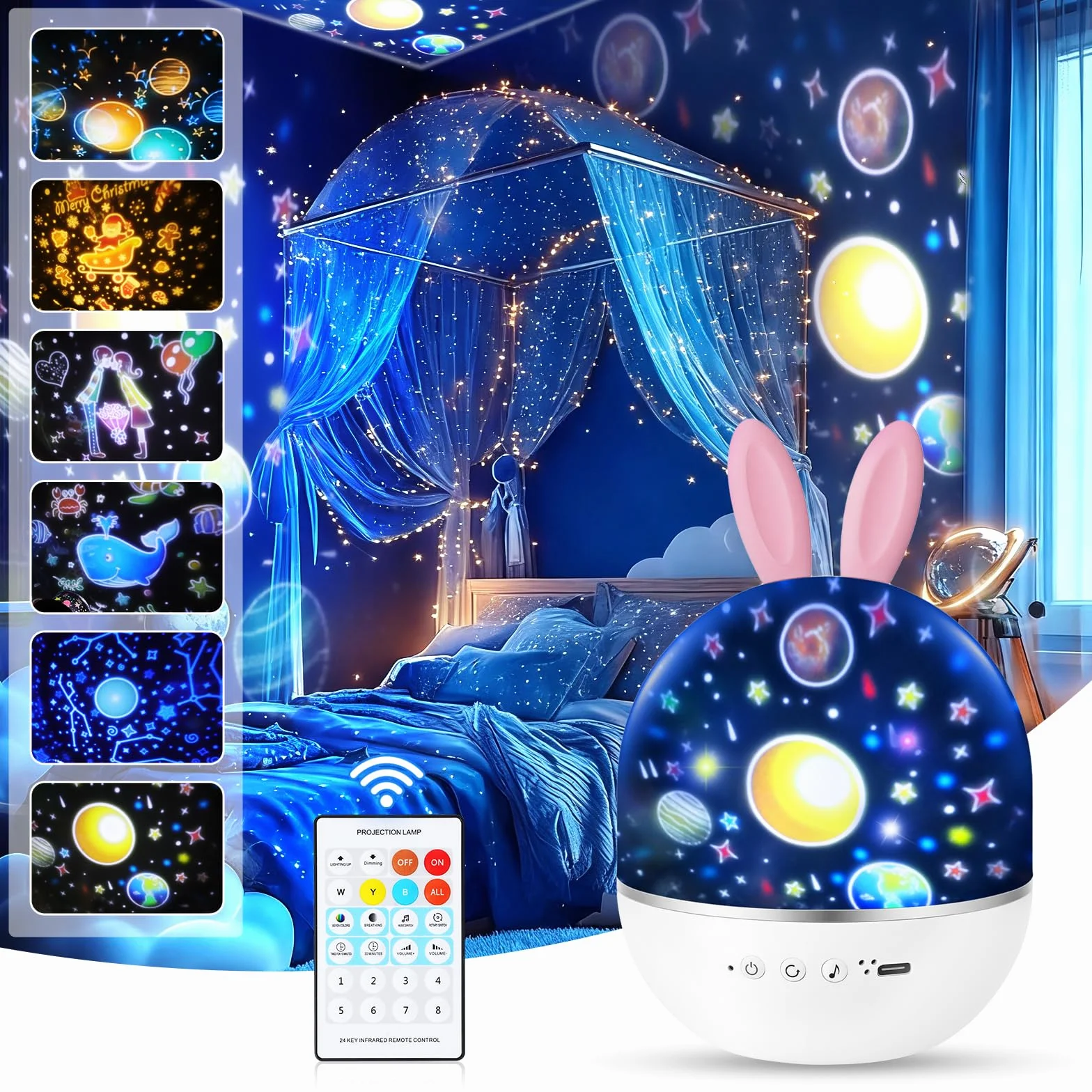 URAQT Projektor gwiaździstego nieba, obrotowy o 360° Starry Projector Light, lampka nocna LED dla dorosłych z timerem i pilotem zdalnego sterowania, 4 tryby świetlne, 6 tematów projekcji, 7 poziomów