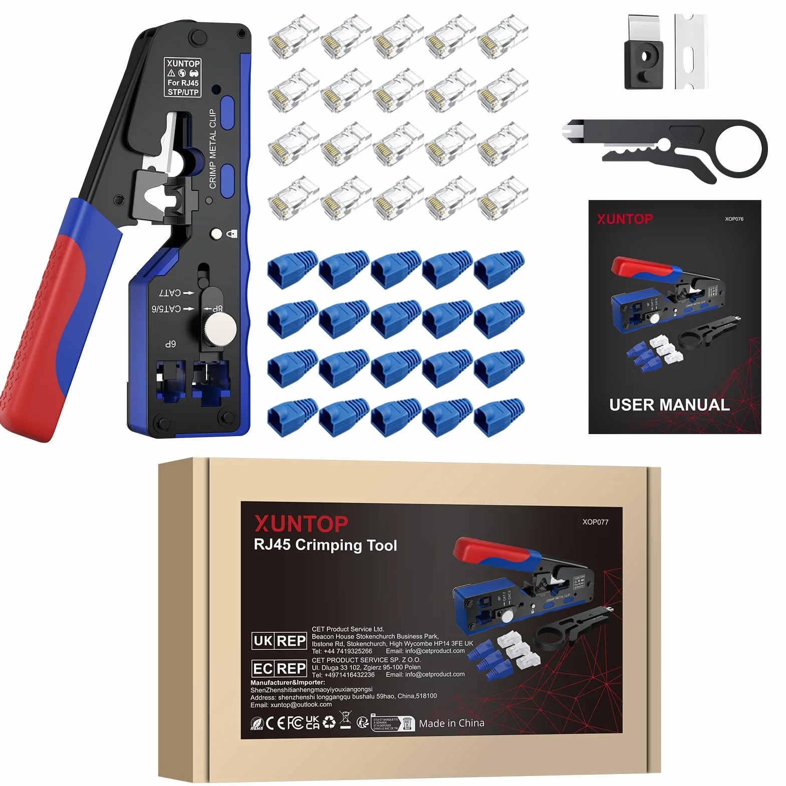 XUNTOP Szczypce zaciskowe RJ45 Pass-Through z 20 złotymi złączami wielofunkcyjnymi do ściągania kabli CAT5/CAT6/CAT7 - narzędzie do cięcia, odgarniania i zaciskania sieci Ethernet z wymienną folią