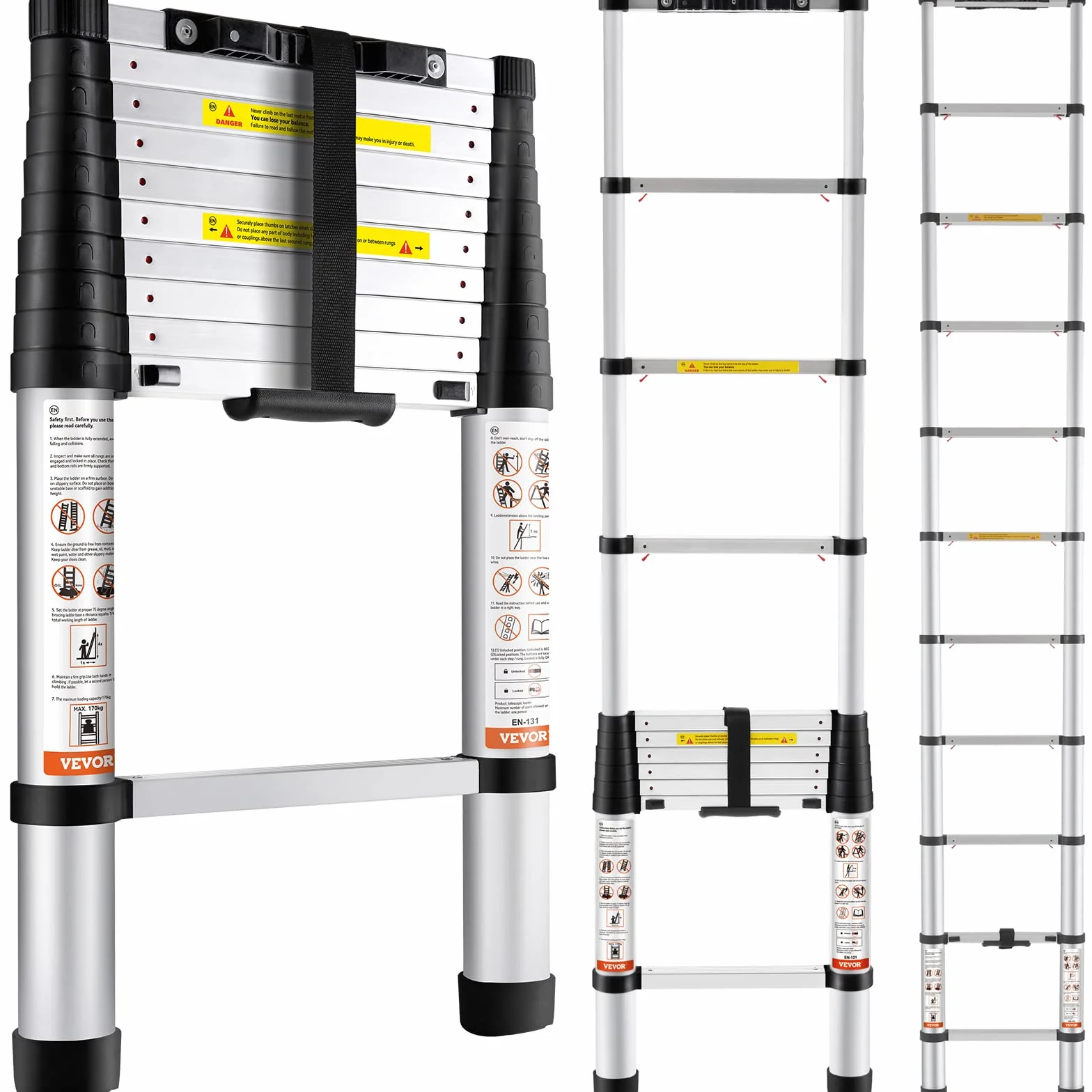 VEVOR Aluminiowa drabina teleskopowa wysokość 320 cm przenośna składana drabina przedłużająca pojemność 170 kg z antypoślizgowymi nóżkami 1 przycisk cofania do naprawy domu Samochód kempingowy