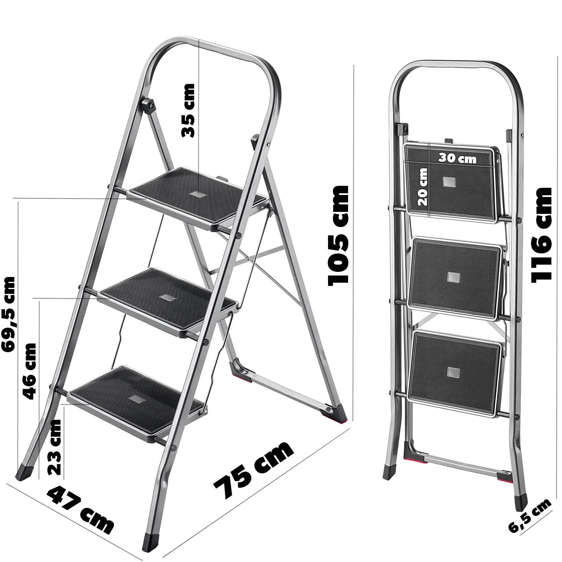 KADAX Drabina aluminiowa 3-stopniowa 105 x 76 cm nośność 150 kg składana antypoślizgowa