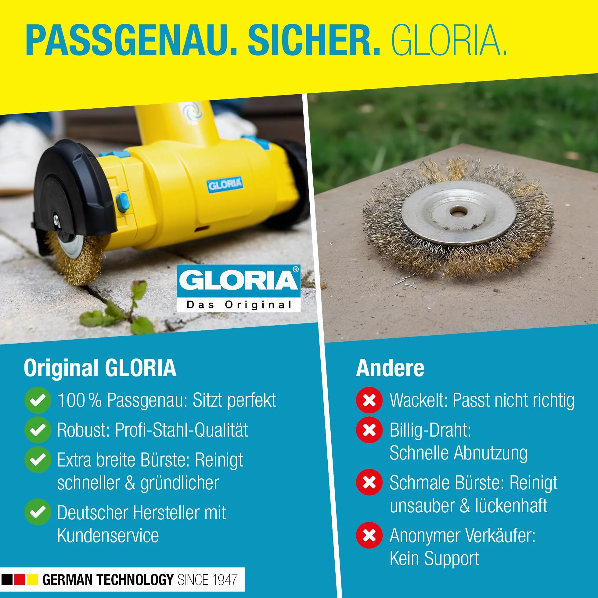 Gloria Szczotka do fug z drutu stalowego, zestaw 4 sztuk, oryginalne akcesoria, szczotki zamienne do MultiBrush i WeedBrush, szczotka druciana/mosiężna szczotka do czyszczenia fug, średnica 11 cm