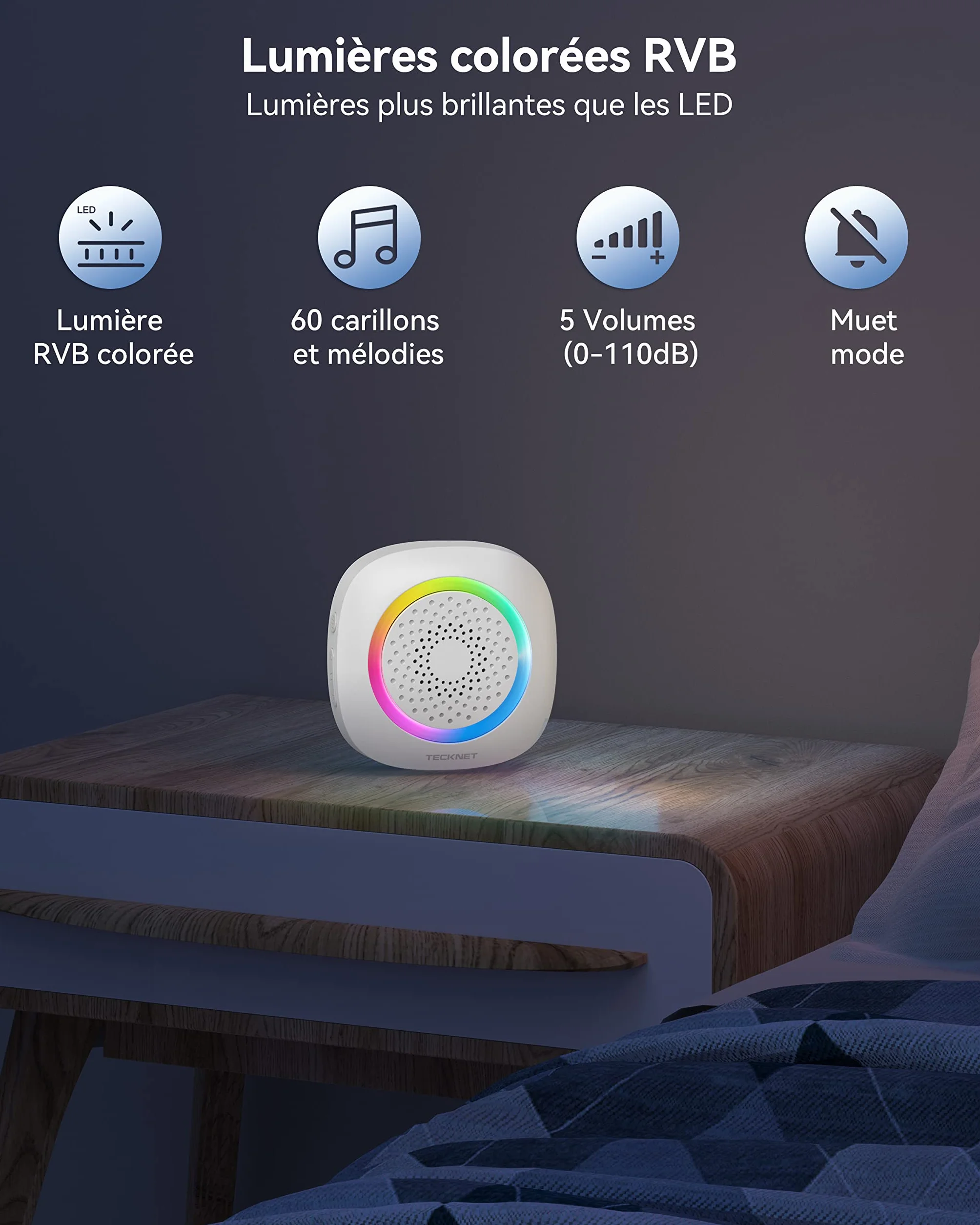 TECKNET Bezprzewodowy Dzwonek,Zasilanie Bateryjne,Światło RGB,IP66 Wodoodporny Przenośny Bezprzewodowy Zestaw Dzwonków,400M,60 Melodii i 5 Poziomów Głośności z Żywotnością Baterii 4,5 Roku (Biały)
