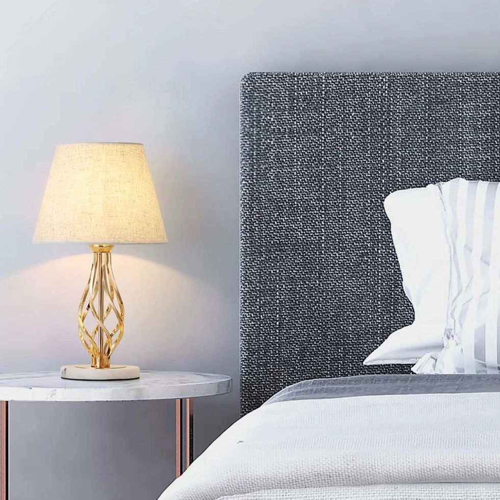 LIANTRAL Lampki nocne, Lampa nocna, 2-częściowy zestaw – nowoczesna lampa stołowa do sypialni, salonu, Marmurowa podstawa i lniany klosz, Złota ramka