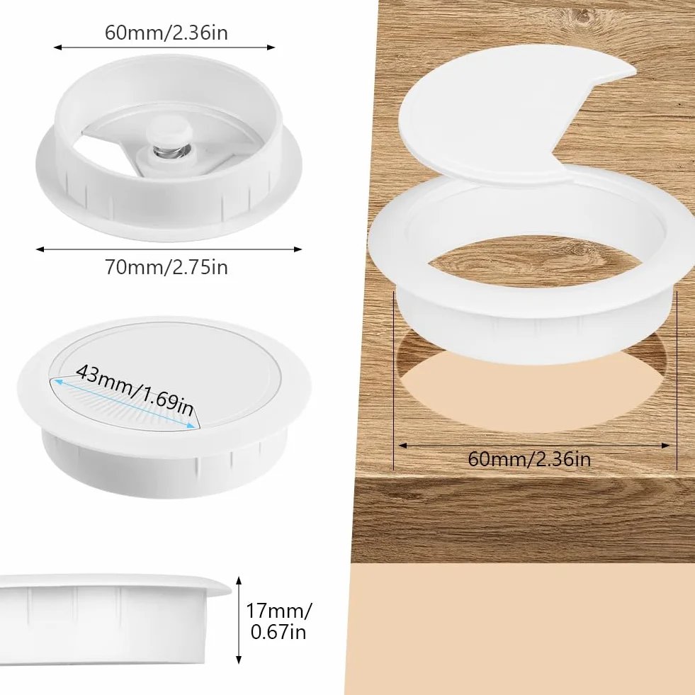 Flintronic 12 sztuk przelotka do kabli z piłą szybową, Ø60mm (2,4 cala) Okrągła przelotka do kabli biurkowych, okrągła osłona otworu kablowego na biurko, przelotka do przewodów komputerowych do