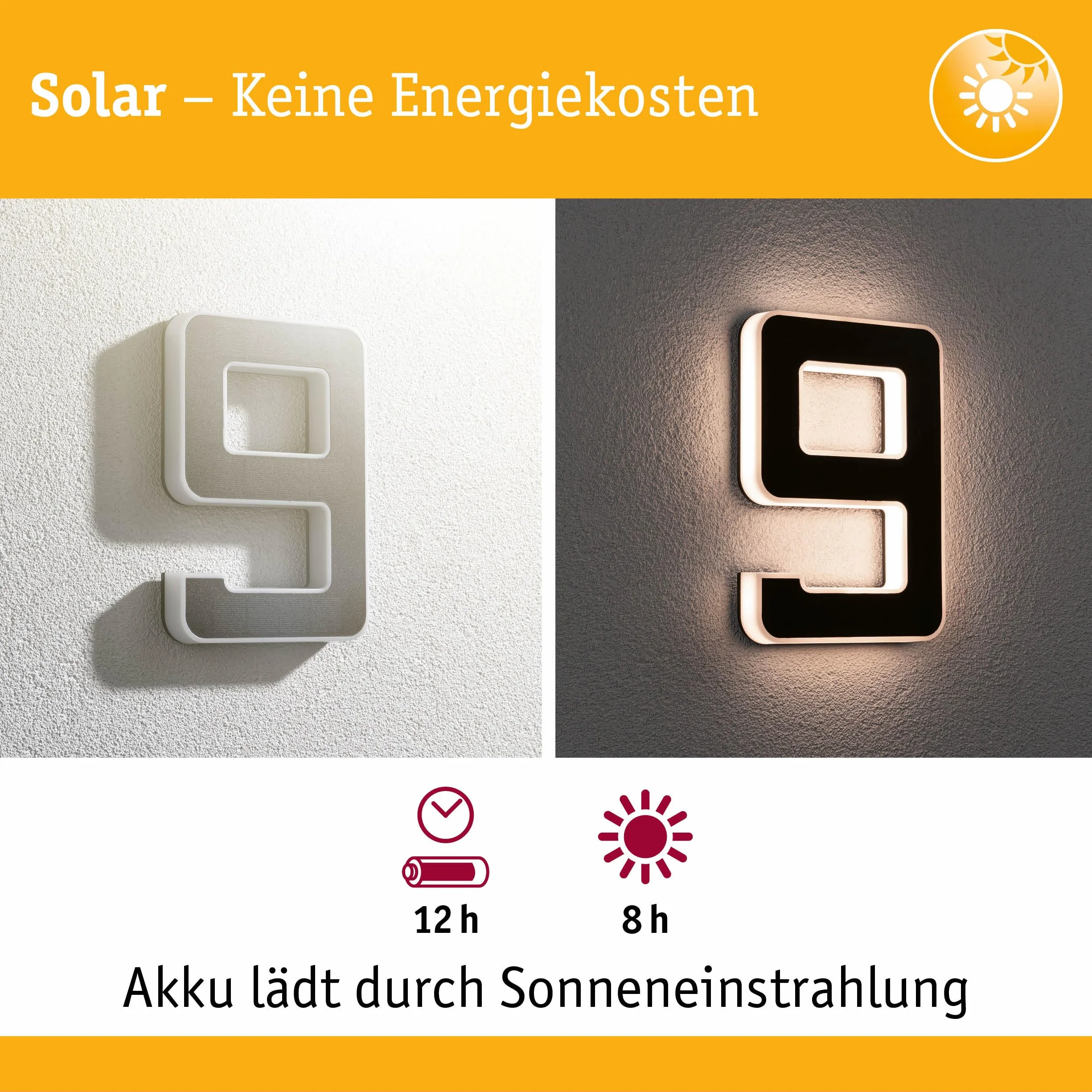 Paulmann 79850 LED solarny nr domu 9 IP44 ciepłobiały wym. akum. w kompl. opr.solarna 1x0,2 W czarna lampa solarna tw. szt.światło solarne 3000 K