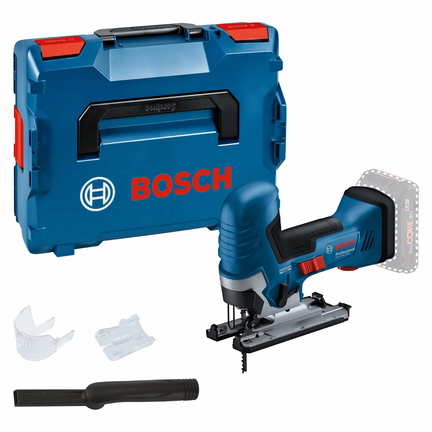 Bosch Professional Bezprzewodowa wyrzynarka systemu 18 V GST 18V-125 S (idealna do cięcia zakrzywionego i poprzecznego, uchwyt ostrza SDS, w zestawie 1 x brzeszczot do wyrzynarki, zestaw do odsysania