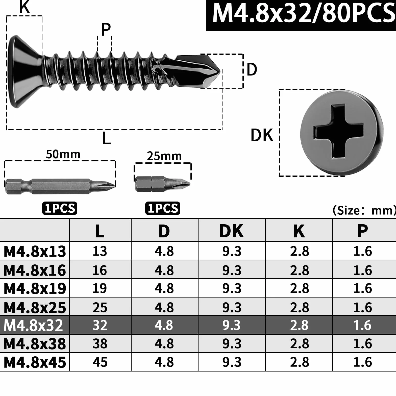Wkręty samogwintujące M4,8 x 32 mm stal nierdzewna czarne łeb stożkowy 80 sztuk