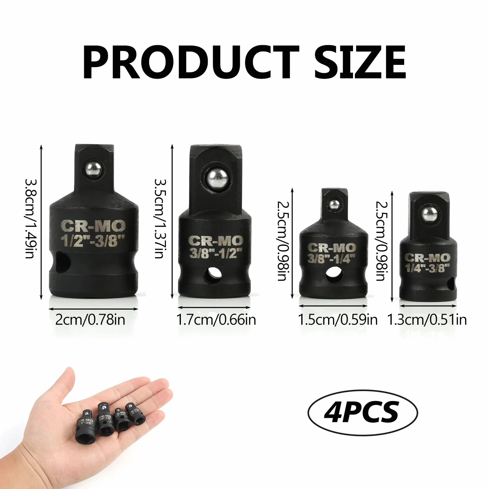 4-częściowy adapter nasadowy 1/4 na 3/8, 3/8 na 1/2, czarny