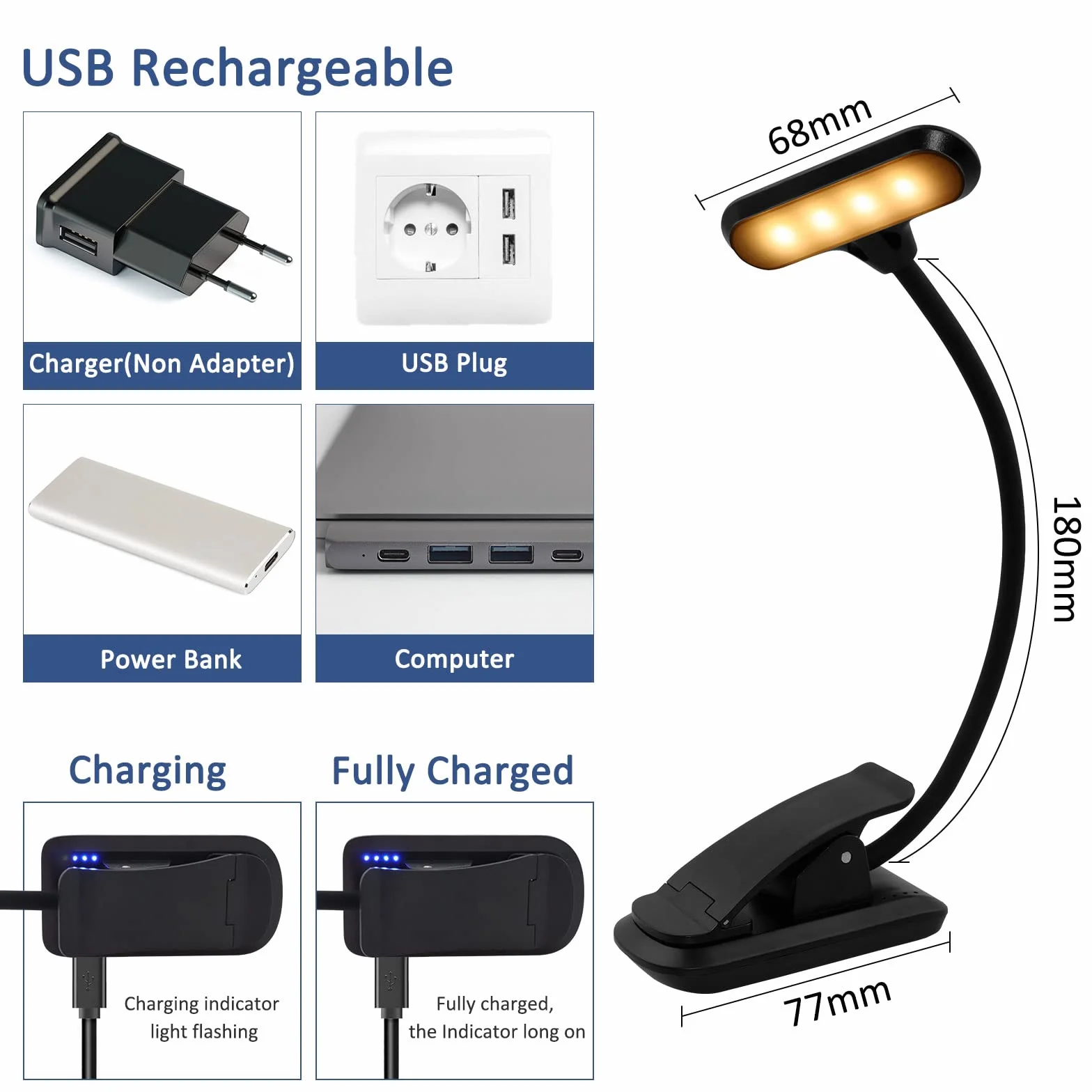 Caldarax Światło do czytania ze szczypcą, lampa do czytania USB z 9 diodami LED, 3 temperatury kolorowe, bezpoziomowe ściemnianie, przenośne, do czytania nocnej książki, przenośne, dzieci(czarny)