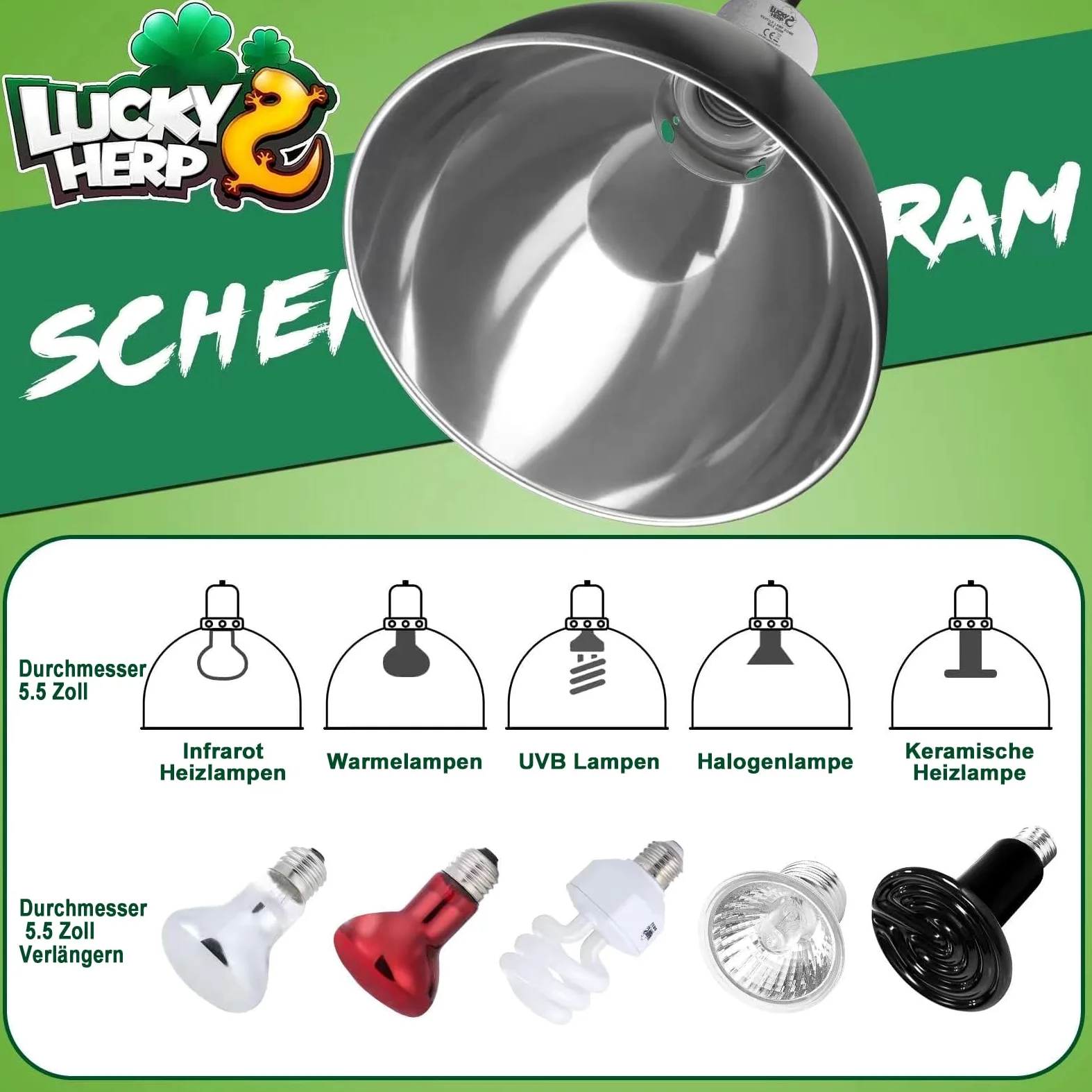 LUCKY HERP 20,5 cm gady, terrarium, kopuła, E27, aluminiowa lampa reflektorowa do lampy grzewczej, 250 W, lampa do terrarium, UVB dla żółwia, bartagame, kurczaka, psa