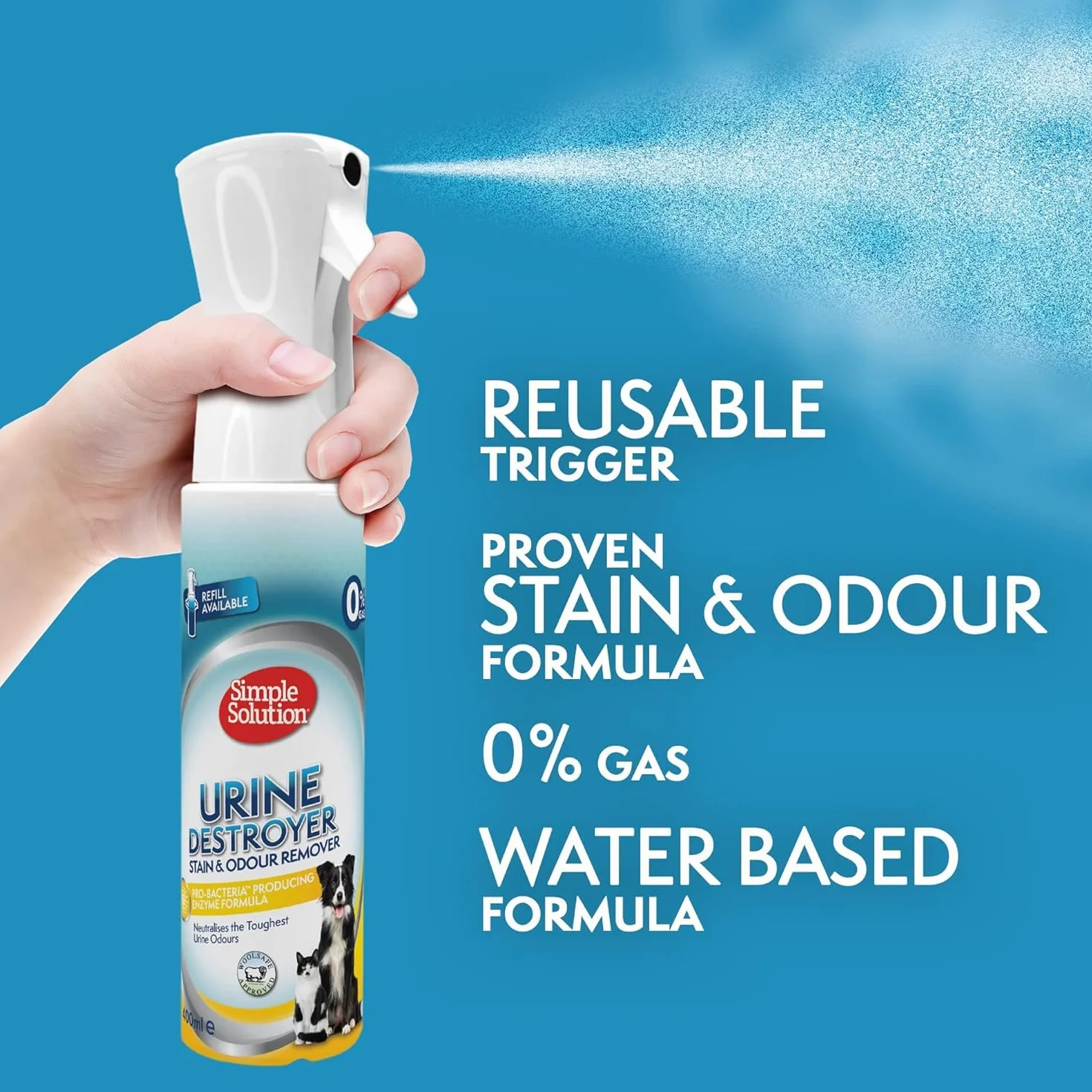 Simple Solution Nowa technologia rozpylania uzupełniania, niszczyciela moczu Pet Stain and Odour Remover with Pro-bacteria Cleaning Power - 400ml