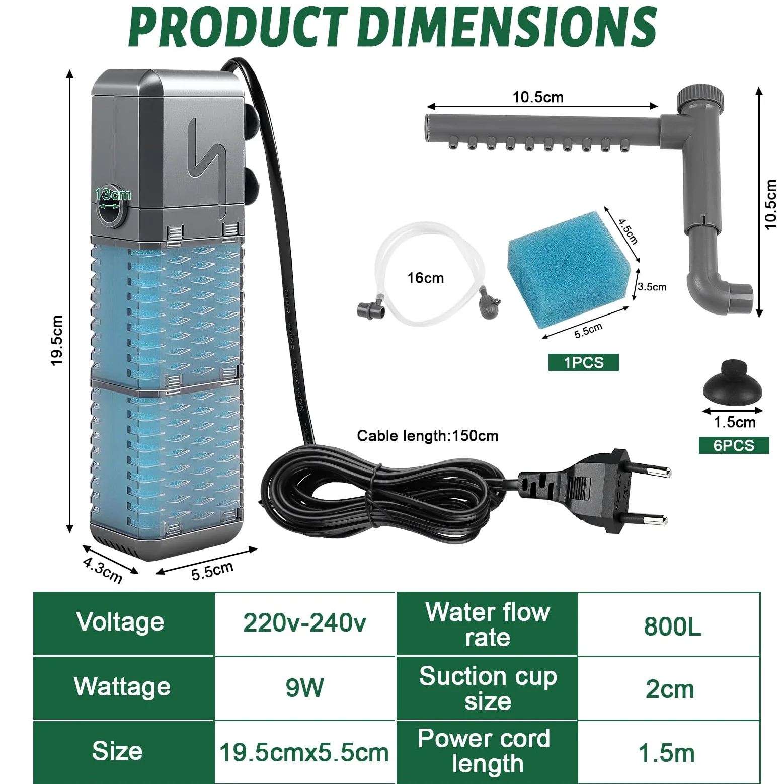 EXLECO Filtr wewnętrzny do akwarium 9W 800L/H 1,1M z wymienną gąbką regulowany 20-50L