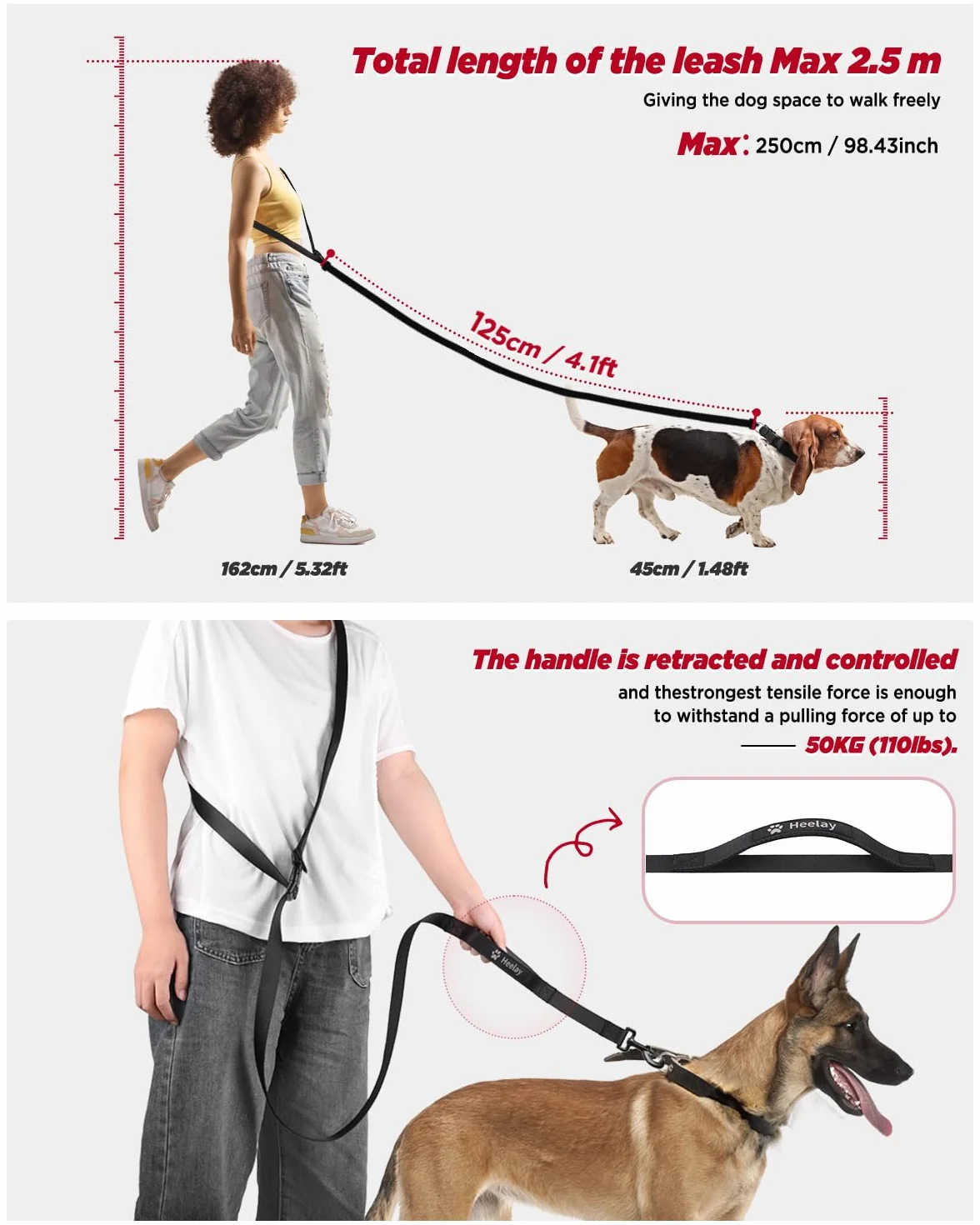 Smycz dla psów 2,5 m, regulowana smycz crossbody i biodra z miękkim uchwytem, do biegania, wędrówek i treningu dla dużych, średnich i małych psów