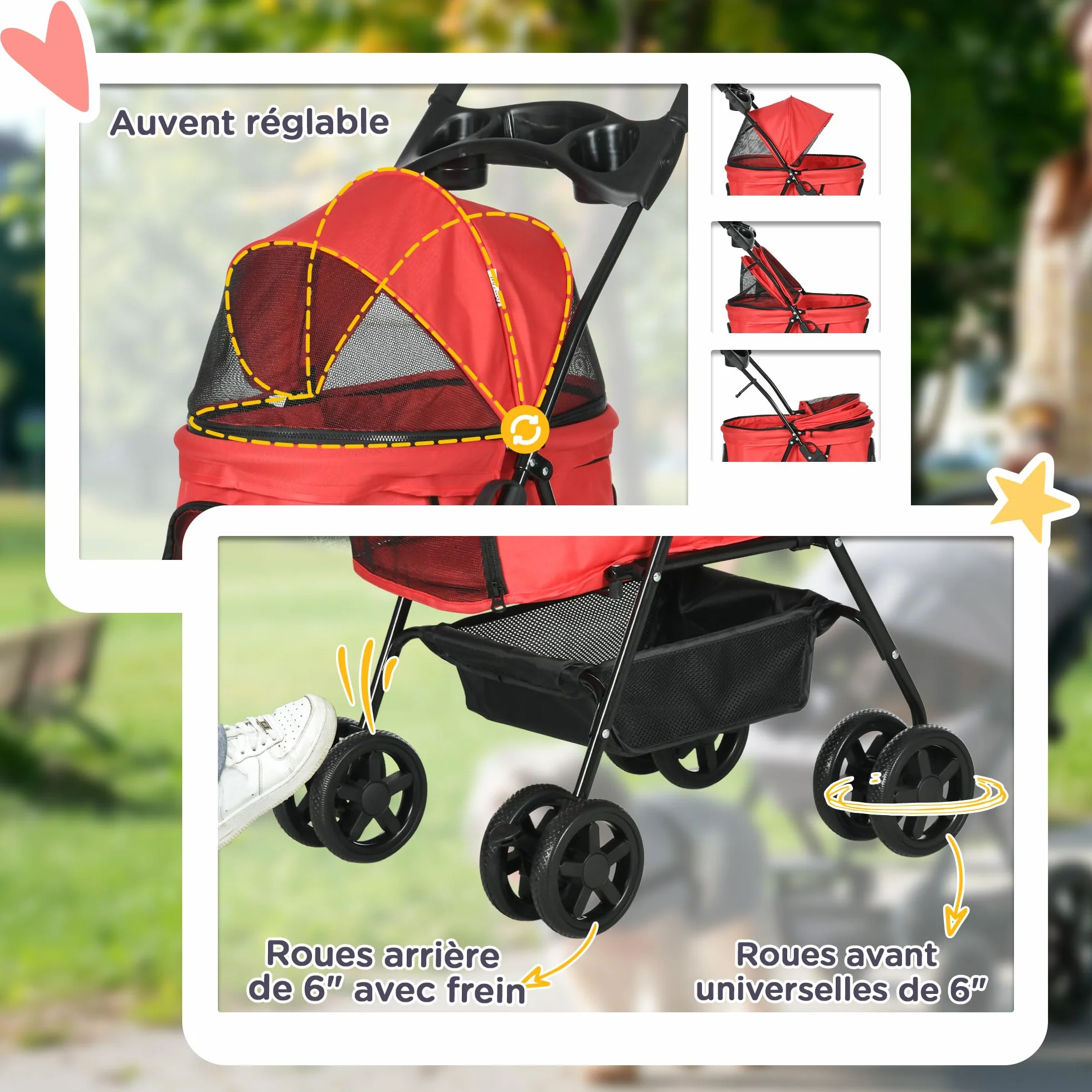 PawHut Składany wózek buggy dla psa i kota, kosz do przechowywania, uchwyt na kubki, tkanina 300D Oxford, wodoodporny, 4 koła, czerwony