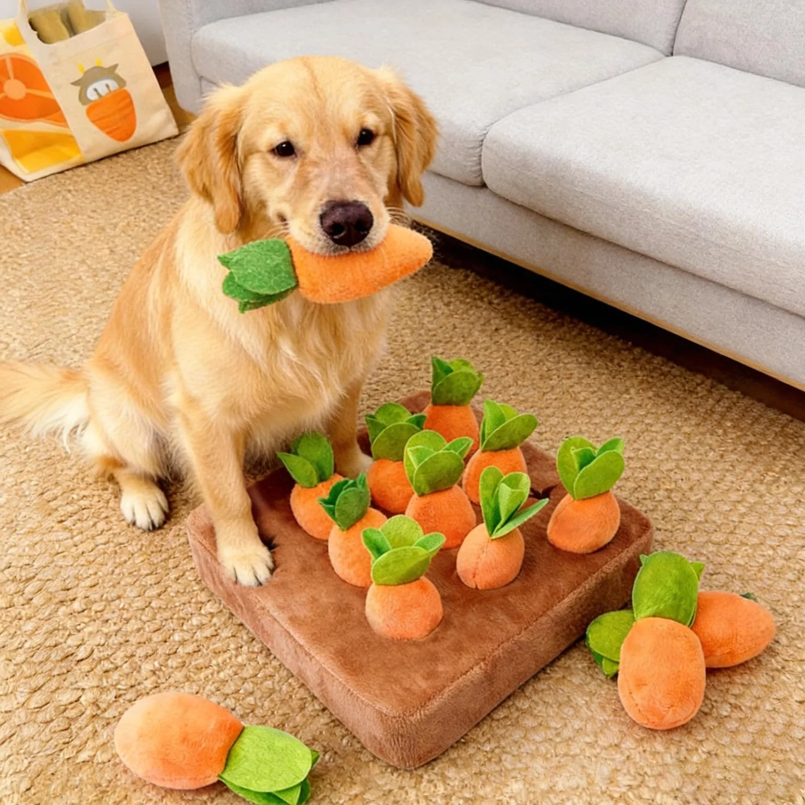 Carrot Dog Play, mata zapachowa dla psa z 9 marchewkami, pluszowa zabawka zapachowa dla psów, do zabawy i stymulacji umysłowej psa, dla małych, średnich i dużych psów