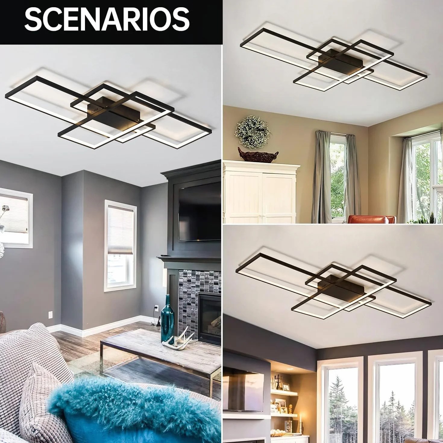 ASJK Lampa sufitowa Czarna 105W Nowoczesna lampa do salonu z pilotem, 3000k-6000k Geometryczne wielofunkcyjne oświetlenie sufitowe do salonu (140cm, czarny)