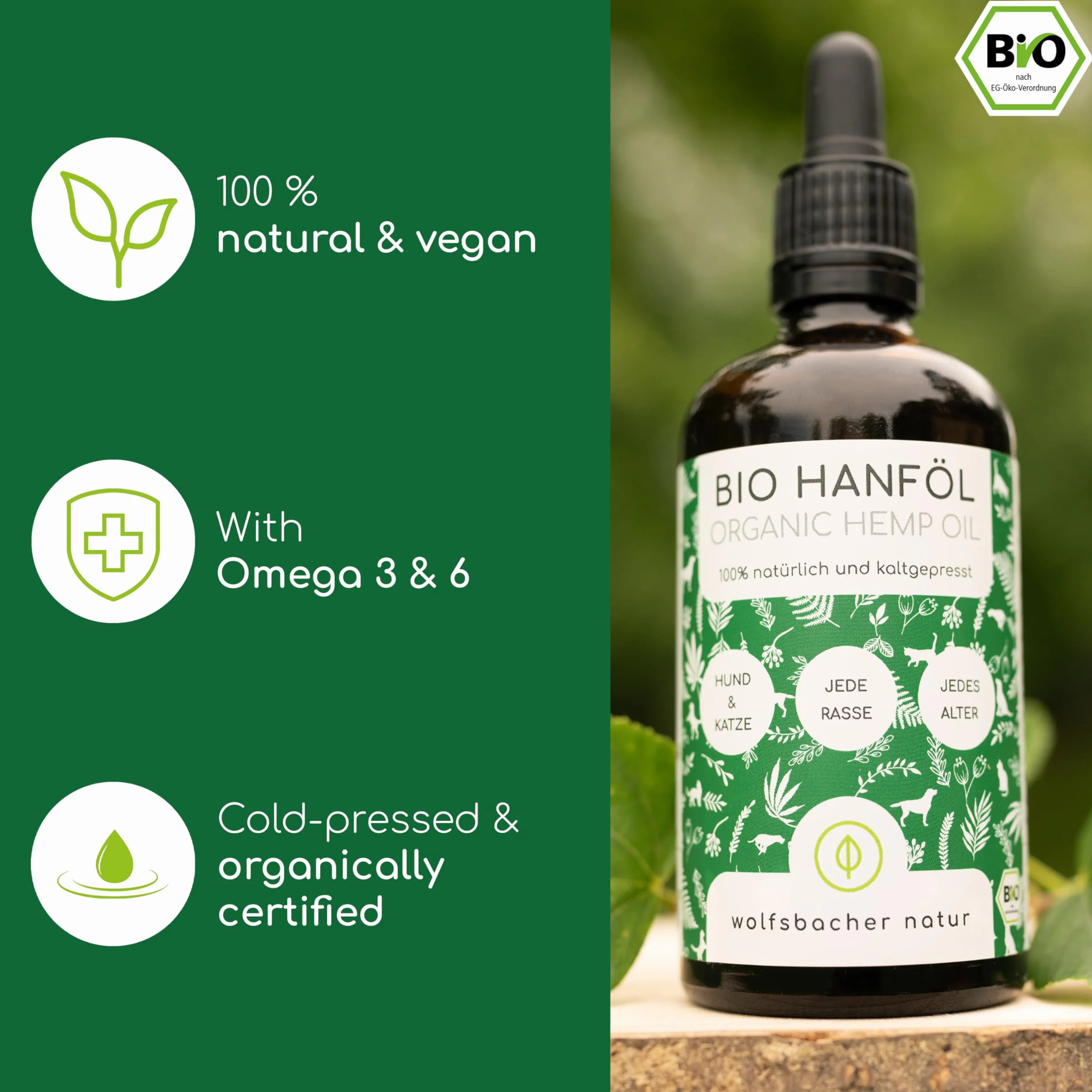 Olej konopny BIO dla psów i kotów 50ml I 100% naturalny, tłoczony na zimno - wsparcie sierści i skóry dzięki Omega 3-6-9, środek uspokajający dla psów - DE-ÖKO-060