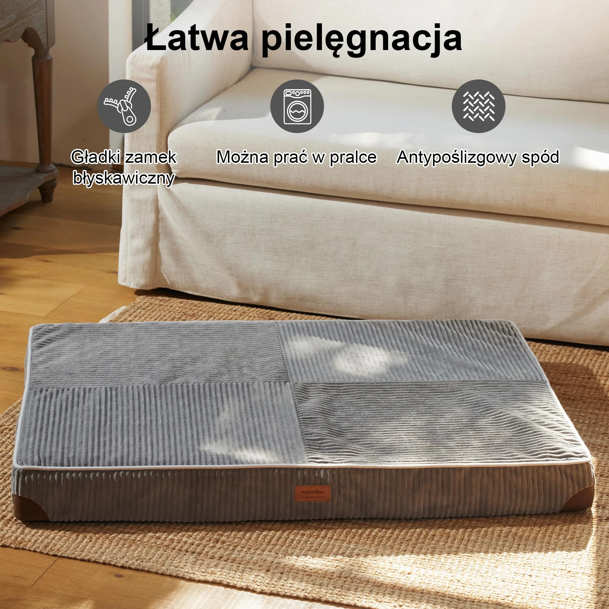 FUKUMARU Legowisko Ortopedyczne dla Psów, Duże XL, Gruby Sztruks, Zdejmowany Pokrowiec do Prania, Wodoodporna Mata do Klatki, Pianka 28D Egg Crate, Antypoślizgowy Spód, Jasnoszary