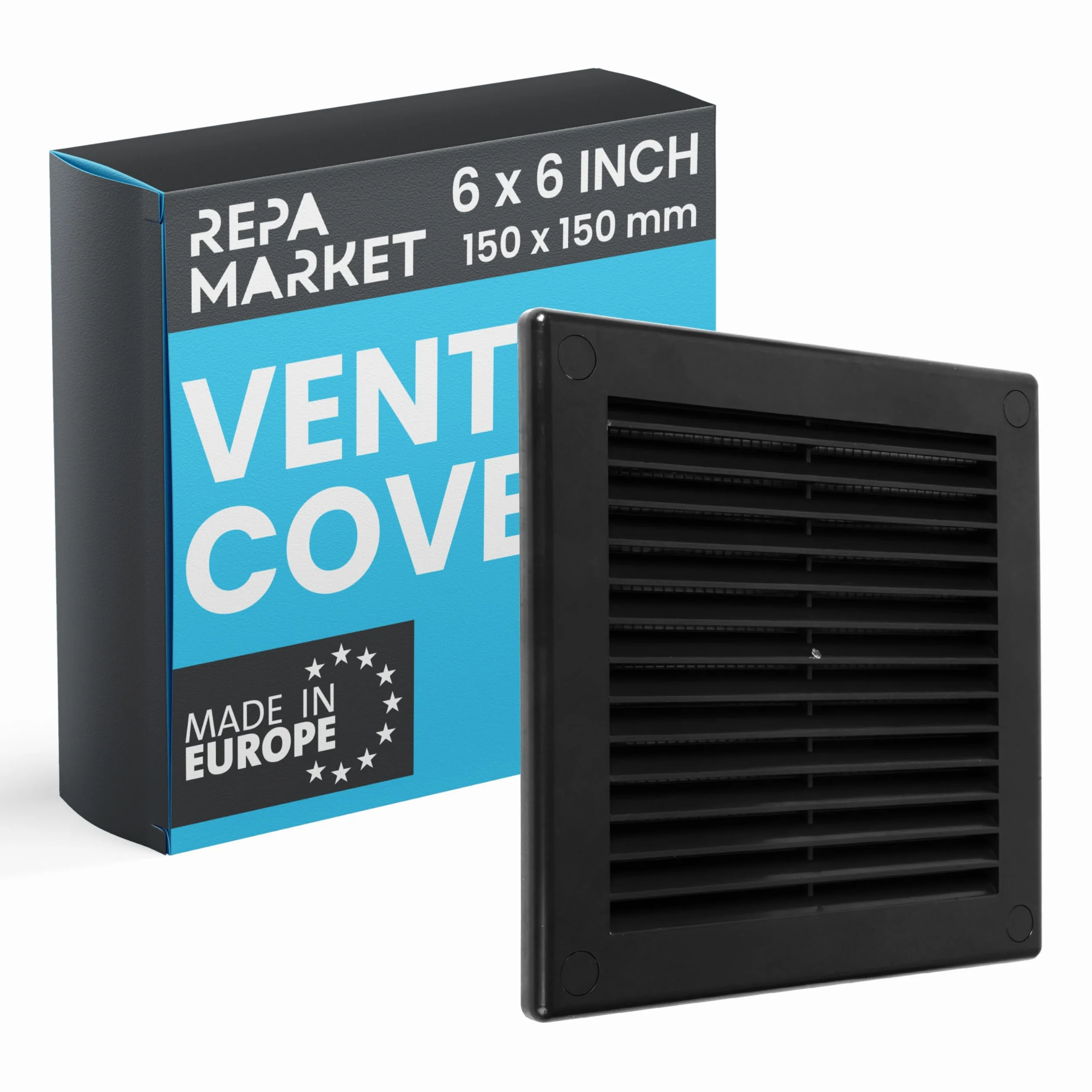 Repa Market 150 x 150 mm (rozmiar zewnętrzny) czarne kwadratowe osłony na ściany – plastikowe otwory wentylacyjne wlotowe – osłona grilla z nylonową siatką – kratki wentylacyjne sufitowe HVAC