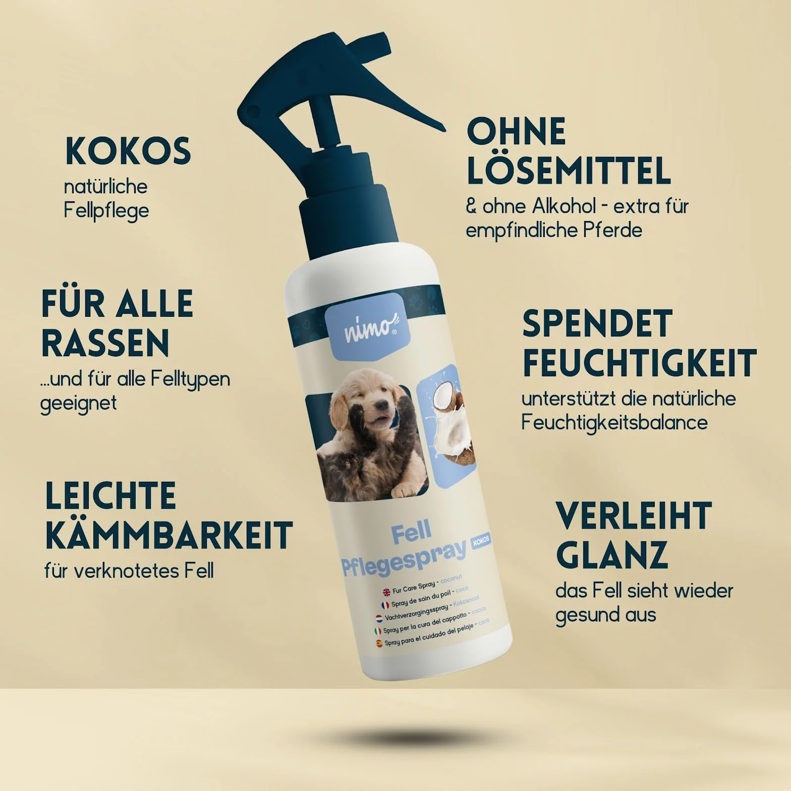 nimo® Spray do pielęgnacji futra kokosowego | dla psów, kotów i zwierząt domowych z kokosem | spray pielęgnacyjny dla błyszczącego i zadbanego futra | łatwiejsze rozczesywanie, pielęgnacja sierści,