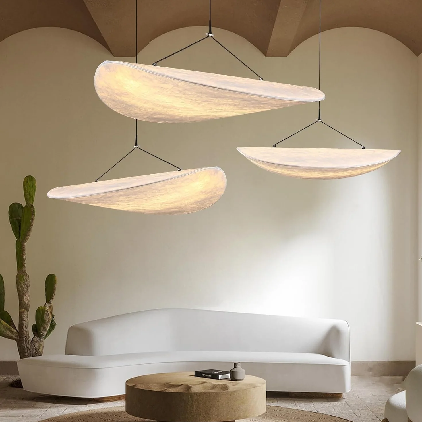 Nowoczesna lampa wisząca z jedwabiu LED duża biała wisząca lampa sufitowa w stylu nordyckim regulowana wysokość żyrandol Wabi Sabi Deco do salonu kuchni wyspy jadalni