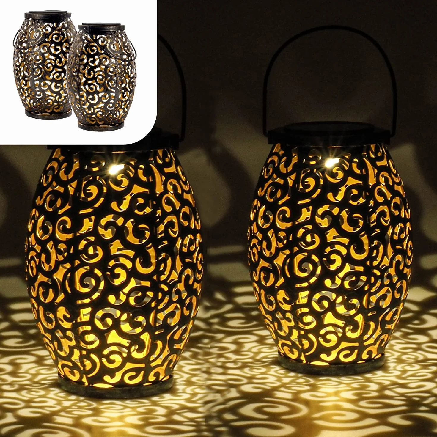 Gadgy Solarna Latarnia Zewnętrzna | Zestaw 2 sztuk Orientalne latarnie ogrodowe metalowe IP44 Wodoodporne | 21,5 x 15 cm. | lampa podłogowa lub wisząca