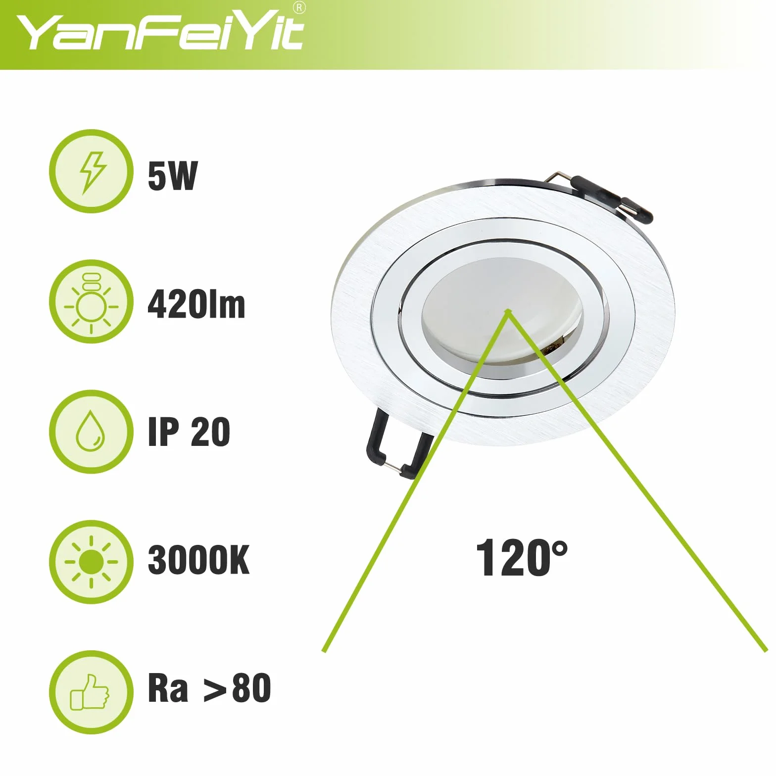 Zestaw 5 Reflektorów LED do Zabudowy Srebrnych Szczotkowanych Okrągłych, 5 x 5 W, 3000 K Ciepła Biel, 230 V Ściemniana GU10, Moduł LED, Lampa