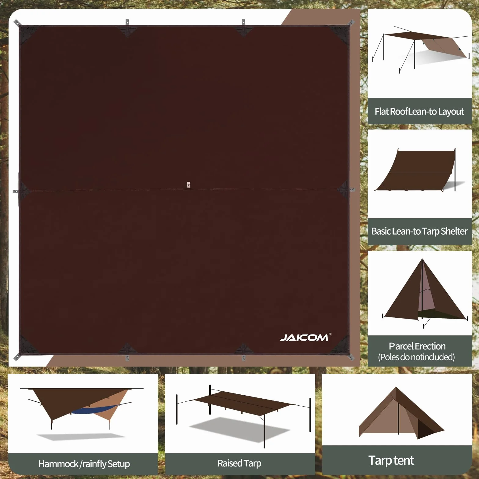 JAICOM Plandeka kempingowa, wodoodporna, 3 x 3 m, wodoodporna PU3000 mm-anty-UV, akcesoria do schronienia kempingowego, do obozowania, podróży, hamaków, wędrówek, plaży