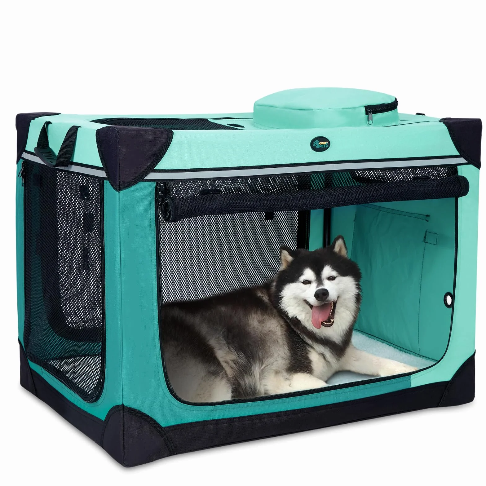 Ownpets Składana skrzynka podróżna dla psa z matą, 4-drzwiowa, 106,5 x 78,5 x 78,5 cm, przenośne nosidełko dla zwierząt domowych z lekką stalową ramą, dla dużych psów, miękka buda dla psów z odpinaną